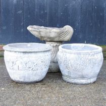 A reconstituted stone garden pot, together with another and a bird bath (3)