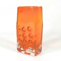 A Whitefriars style tangerine glass mobile phone vase, designed by Geoffrey Baxter, 17cm high