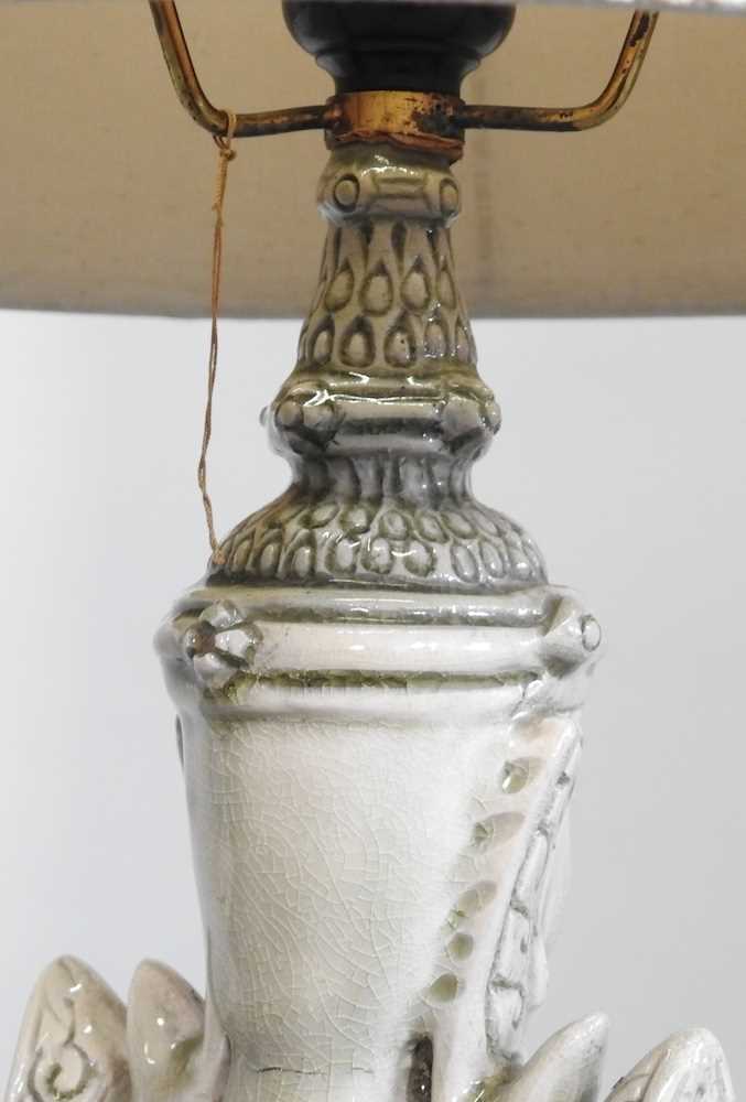 An Eastern pottery figural table lamp and shade, 80cm high overall - Image 4 of 6