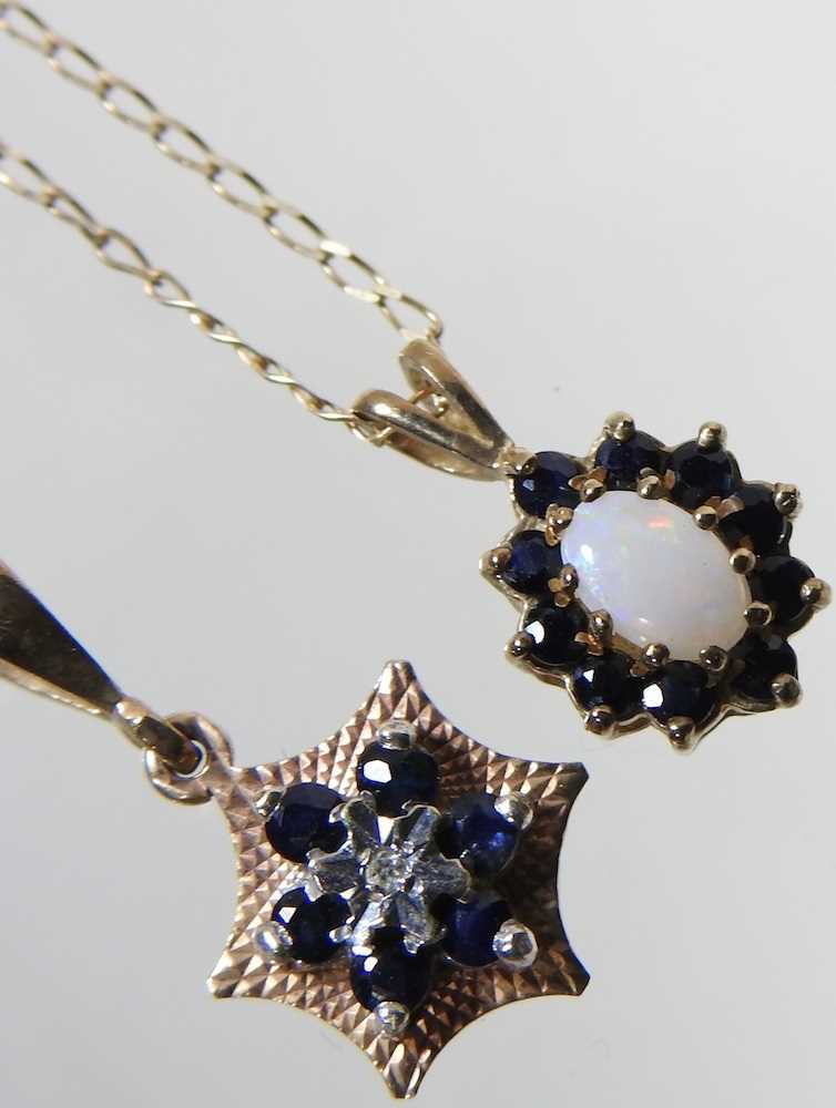 A 9 carat gold opal and sapphire pendant necklace, on a fine chain, together with a 9 carat gold - Image 2 of 5