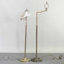 A brass floor standing reading lamp, with a glass shade 140cm high, together with a lamp base (2)