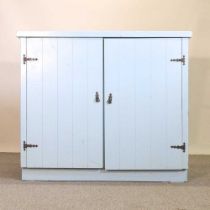 A blue painted pine cupboard, fitted with shelves 123w x 62d x 107h cm