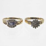 A 9 carat gold sapphire and diamond cluster ring, with diamond set shoulders, 2.8g, size M, together