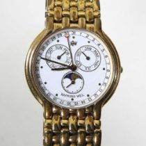 A Raymond Weil 18 carat gold plated triple calendar wristwatch, the signed 26mm white dial with moon