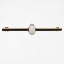 A 9 carat gold bar brooch, set with a central opal, stamped marks, 2g, 45mm wide