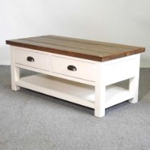 A pine and painted coffee table, with drawers below 120w x 60d x 51h cm