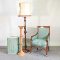 A 19th century green upholstered armchair, together with a pine jardiniere stand, 100cm, a
