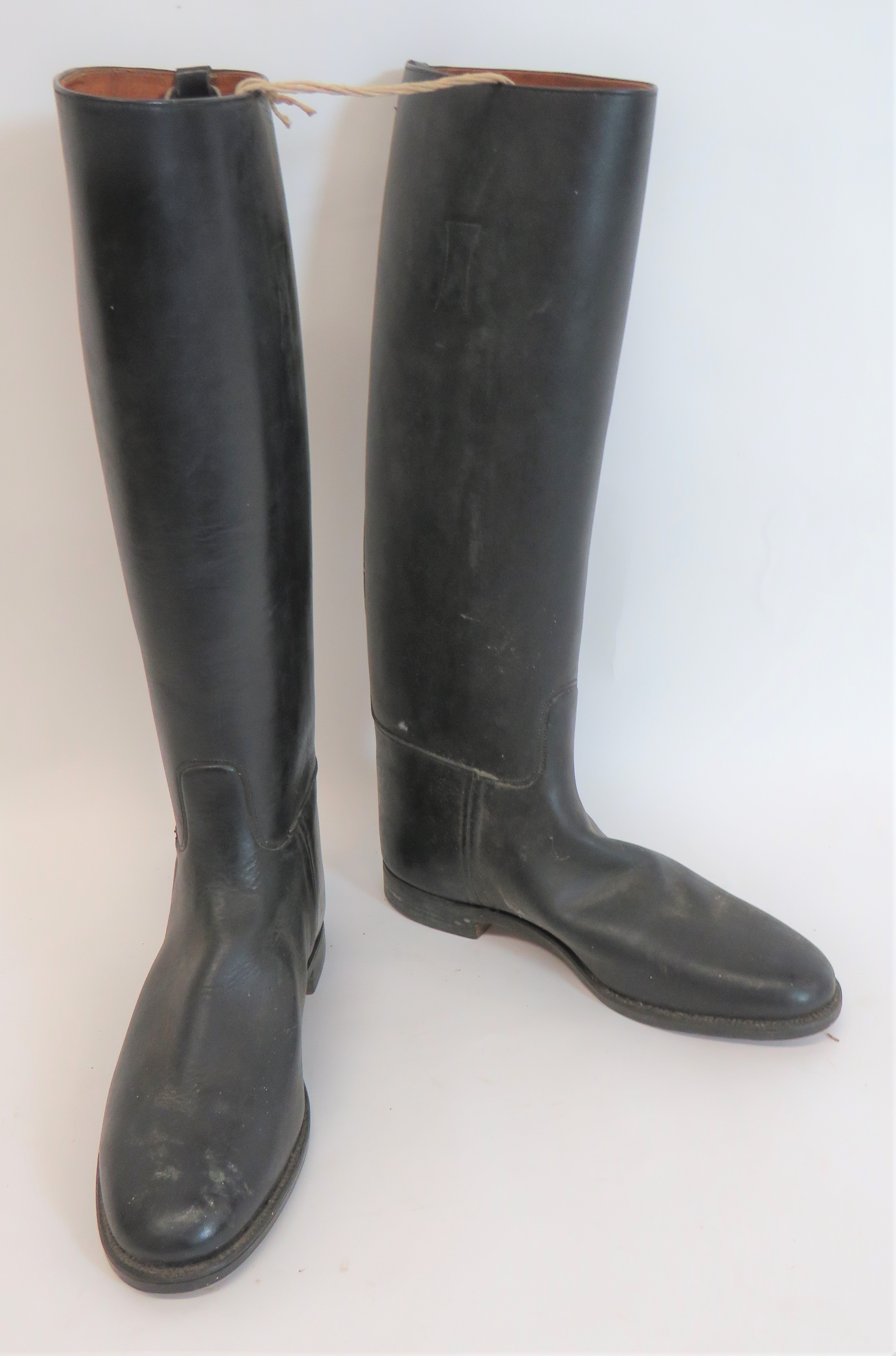Pair of Cavalry Pattern Leather Boots black leather, high leg boots.  Leather soles and heels.