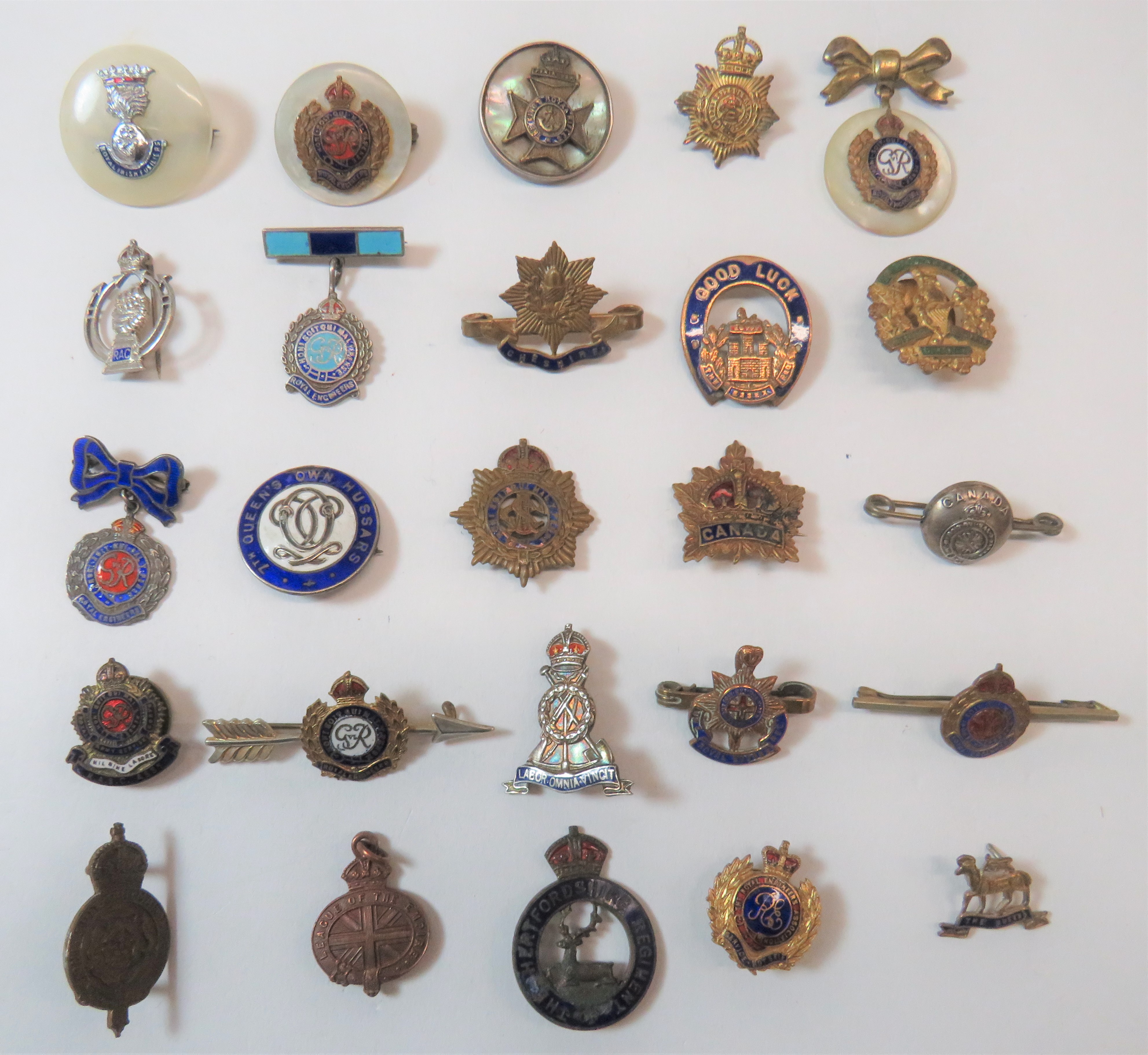 Quantity of Military Lapel Badges enamel and brass include Royal Engineers ... Bedfordshire Regiment