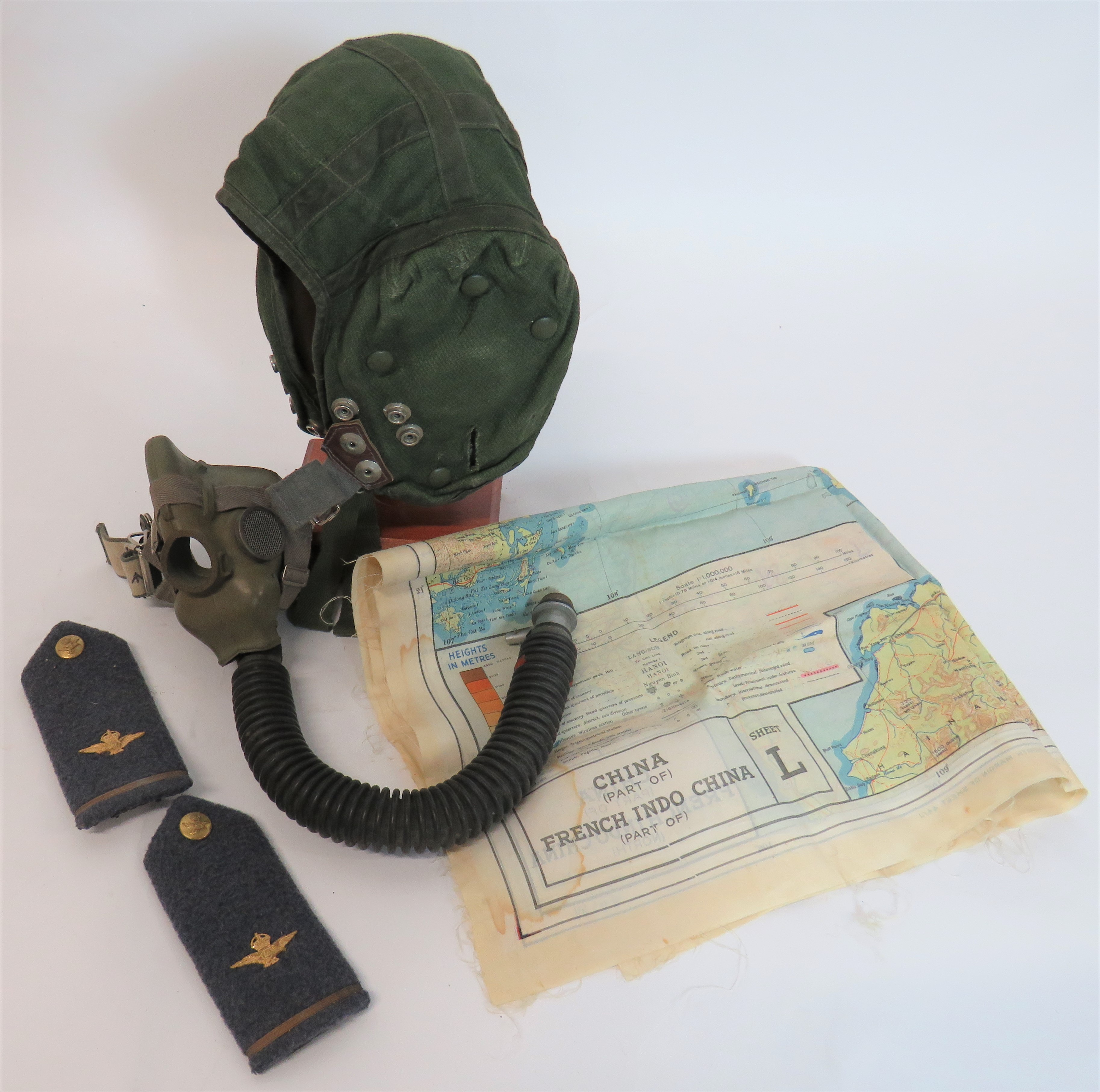 Post War Inner Flying Helmet and H Mask green canvas inner flying helmet complete with inner ear