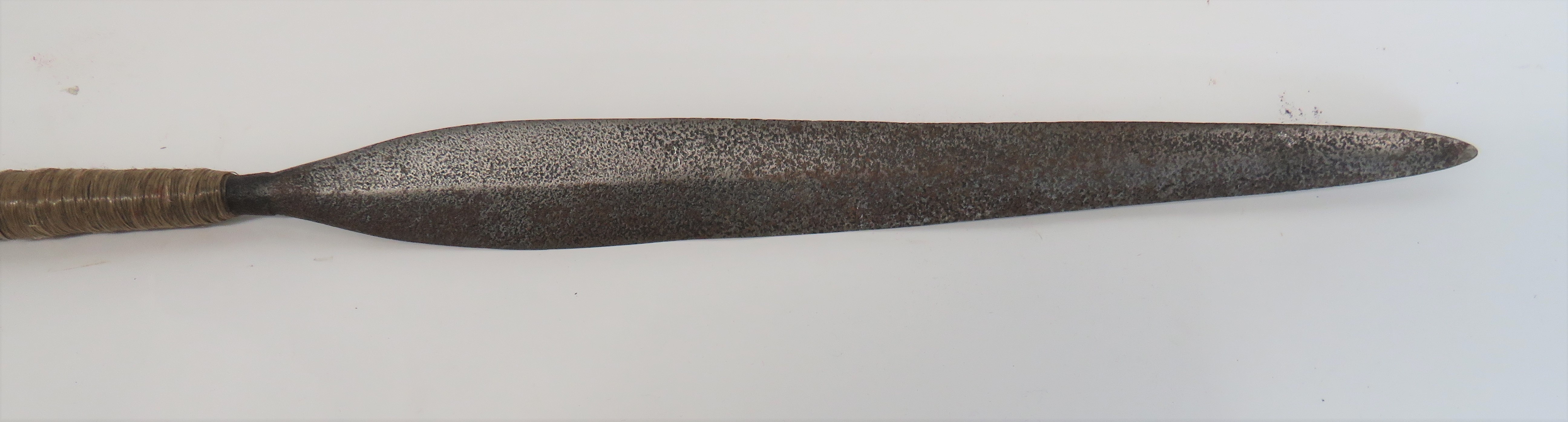 19th Century African Zulu Short Stabbing Spear 14 inch, double edged, leaf shape blade.  Cord - Image 2 of 2