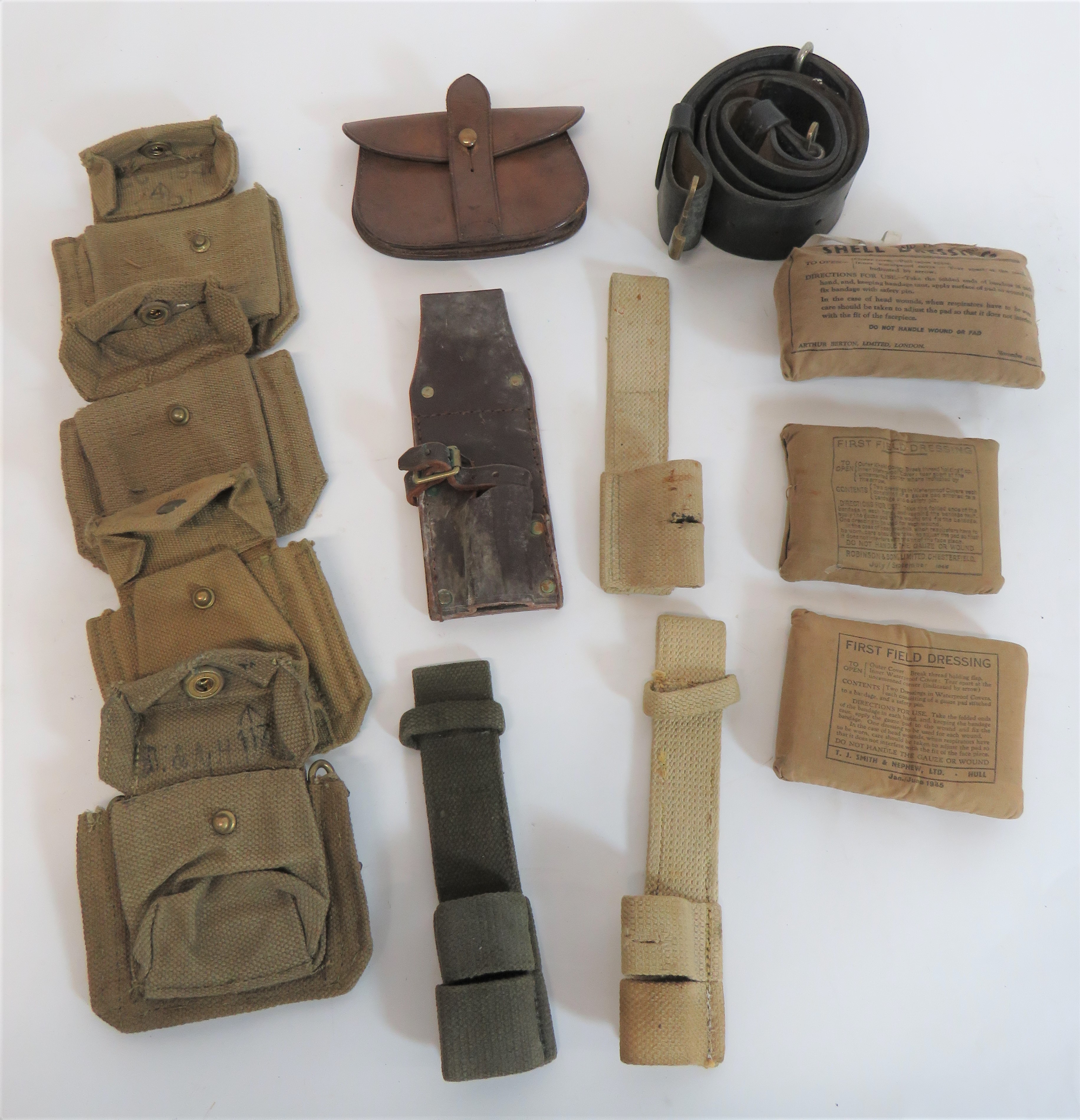 Mixed WW2 Equipment including black leather belt with 1937 pattern buckle ... Leather bayonet