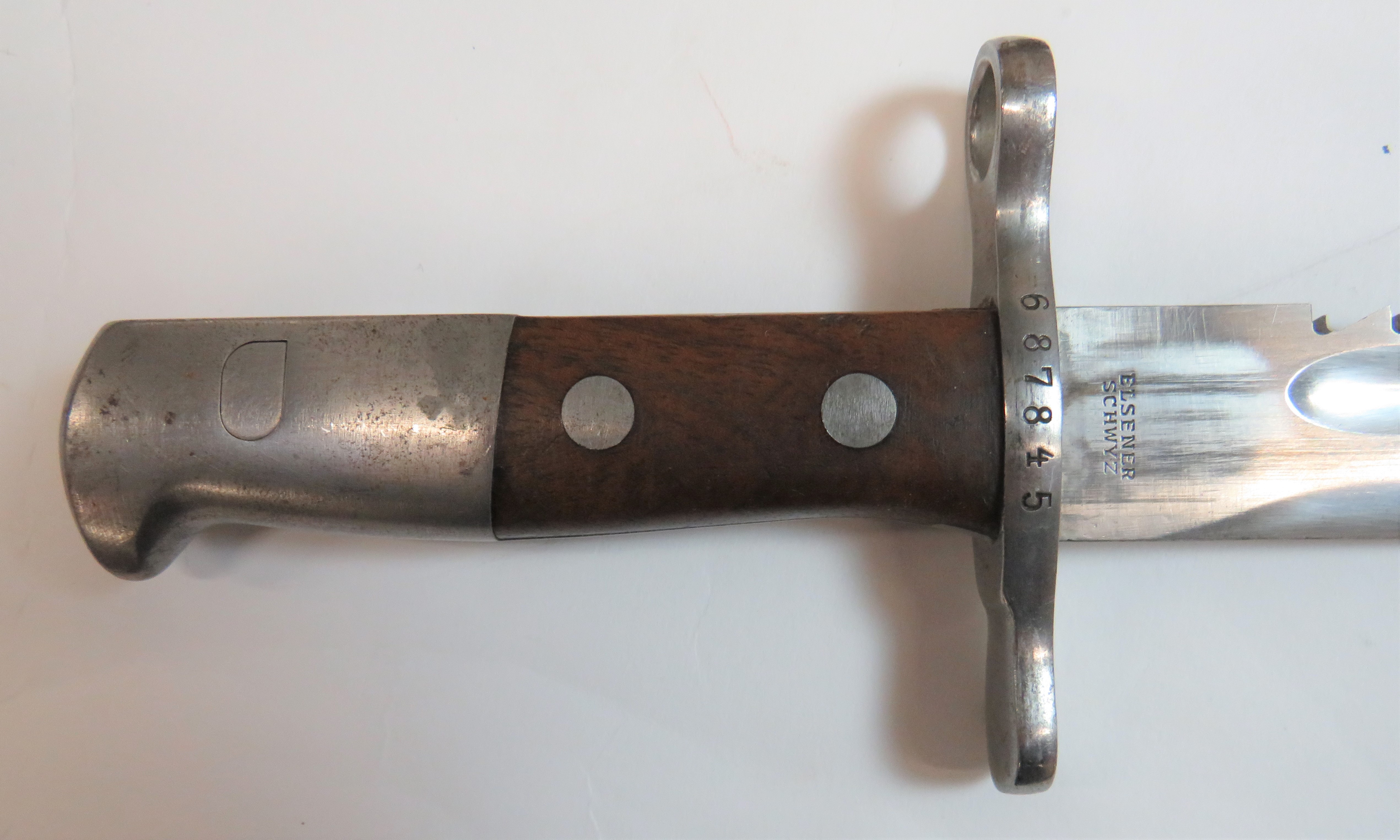 Swiss Model 1914 Schmidt Rubin Sawback Bayonet 18 .75 inch single edged blade with rear sawback . - Image 2 of 2