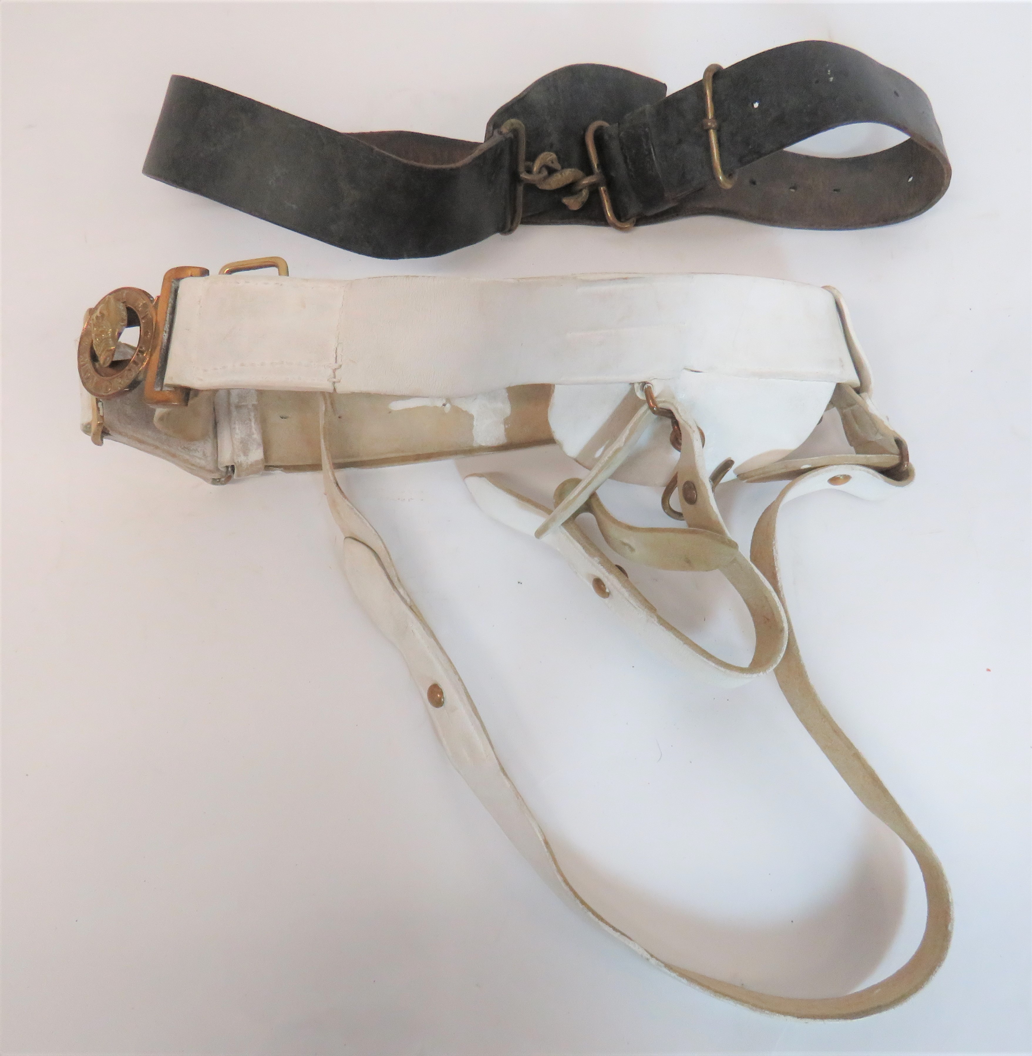 Post 1901 NCO's Sword Belt white blancoed, buff leather, two section belt.  The left side with