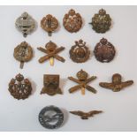 Selection of Various Cap Badges including brass Clifton College Bristol ... Brass KC Machine Gun