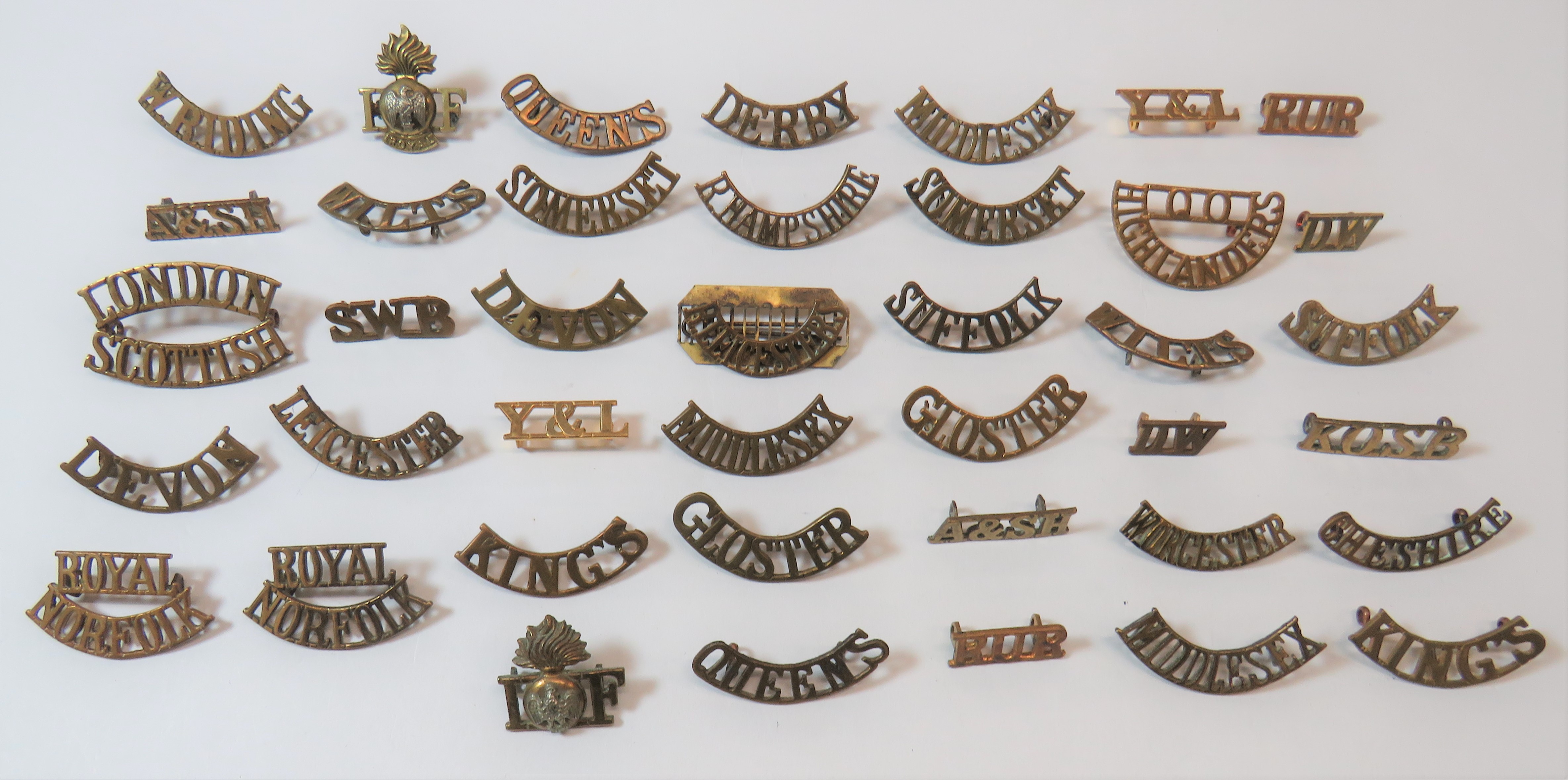 Infantry Brass Shoulder Titles including A & SH .. SWB ... RUR ... DW ... Y & L ... Royal