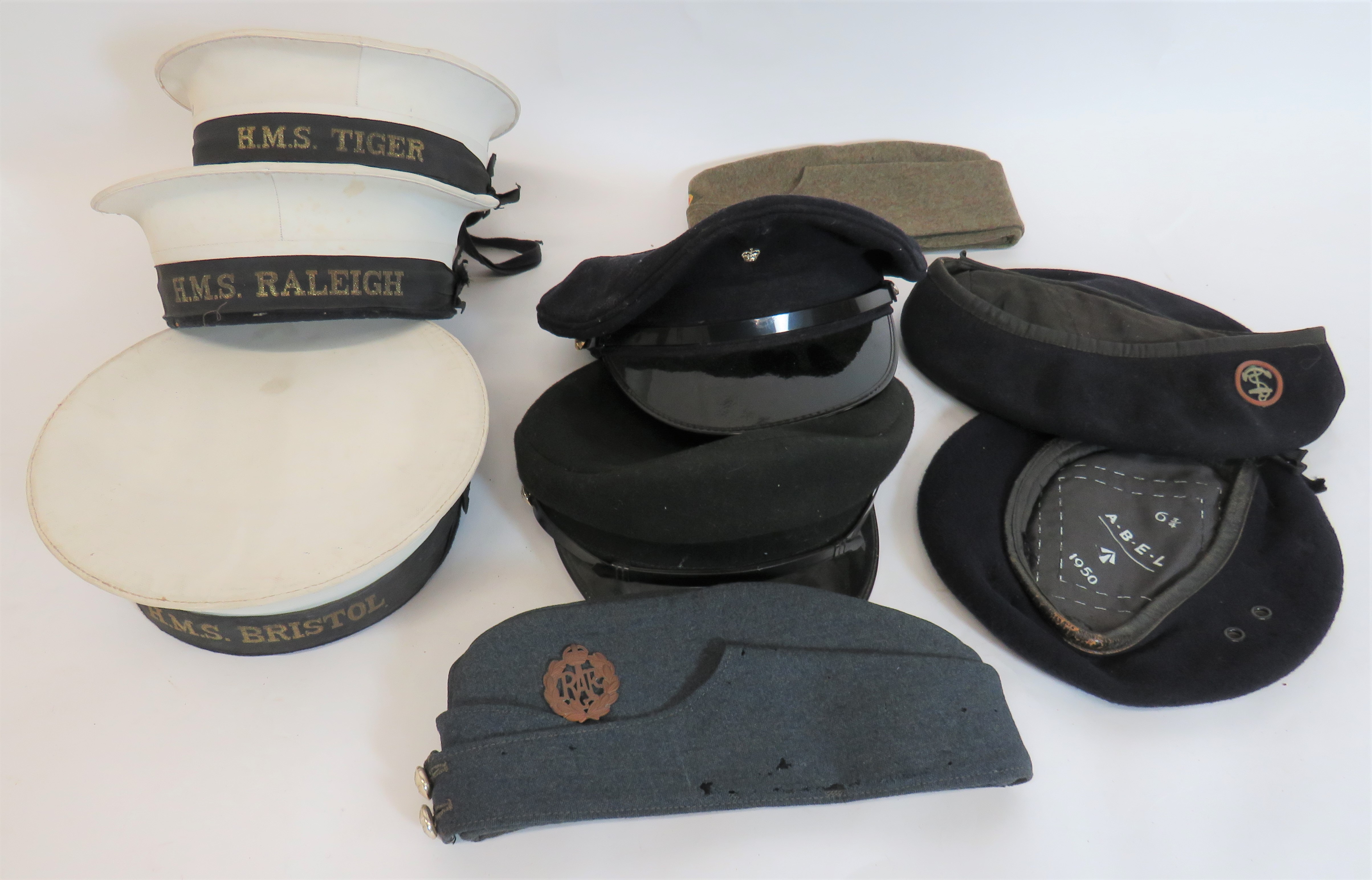 Selection of Various Military Hats consisting 3 x post war, British sailor hats complete with ship