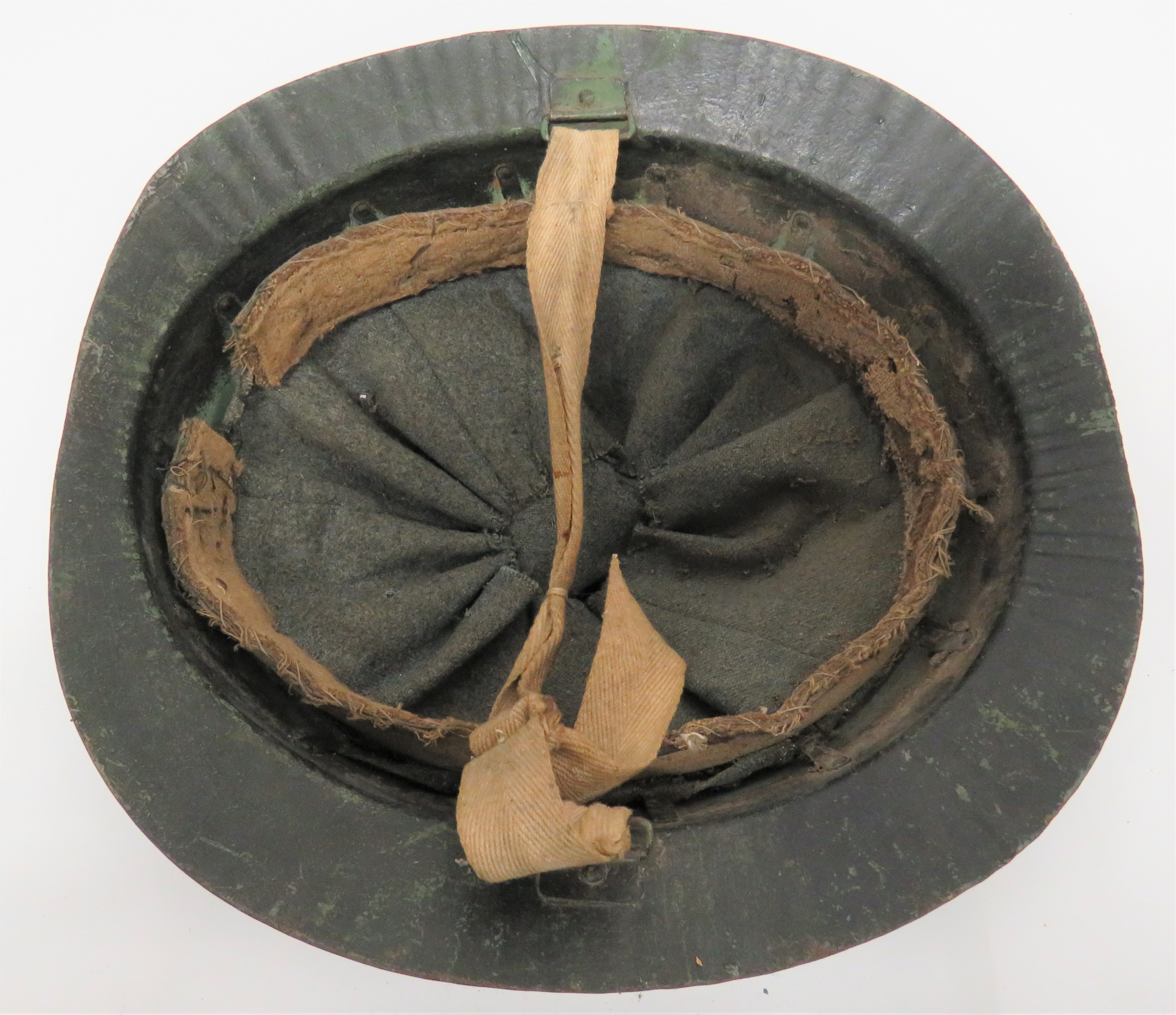 WW1 Period Private Purchase Steel Helmet black overpainted apple green crown and ribbed brim. - Image 3 of 3