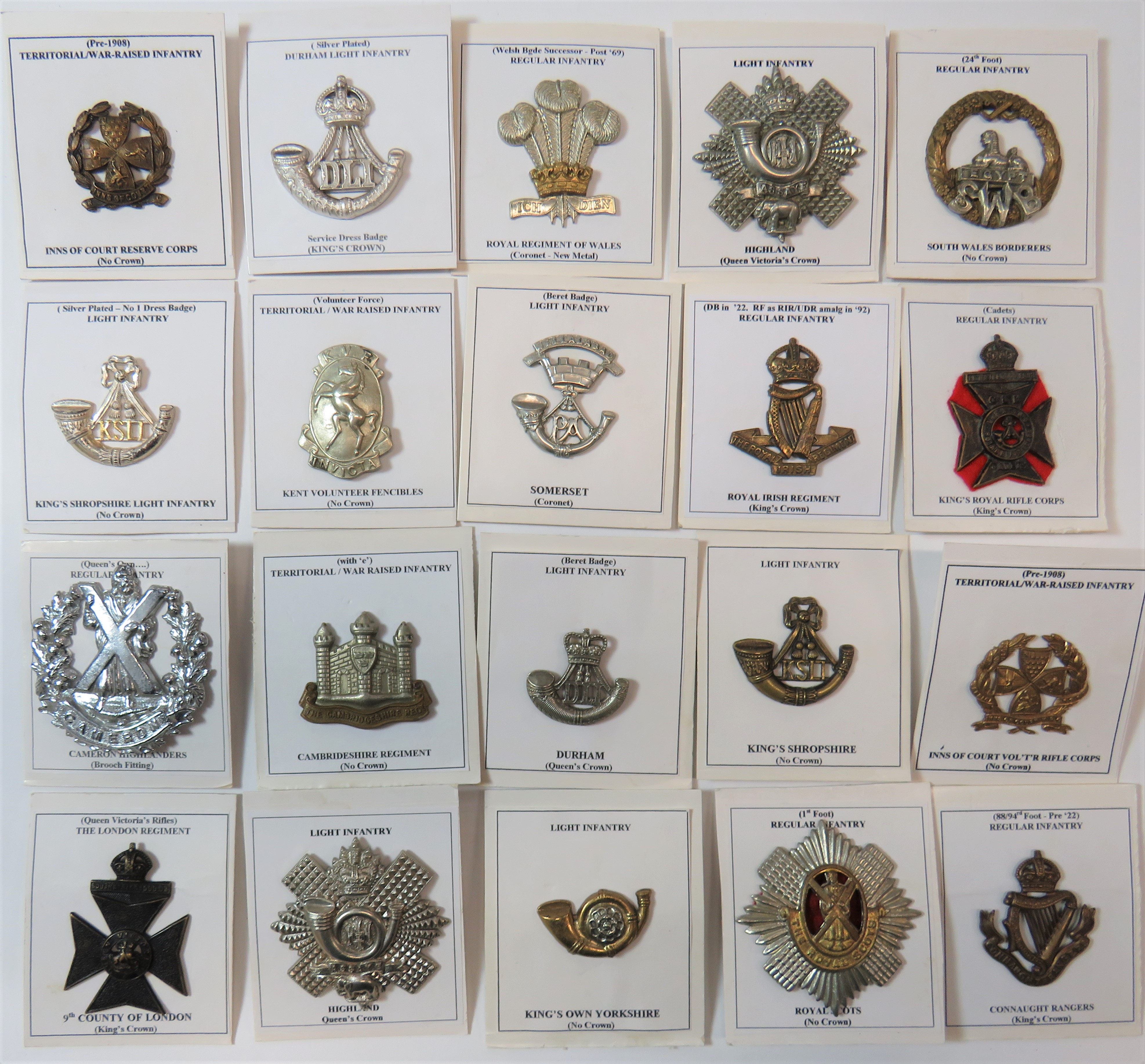 Infantry Cap Badges including brass KC Royal Irish Reg ... Bi-metal Cambridgeshire Reg ... Bi-