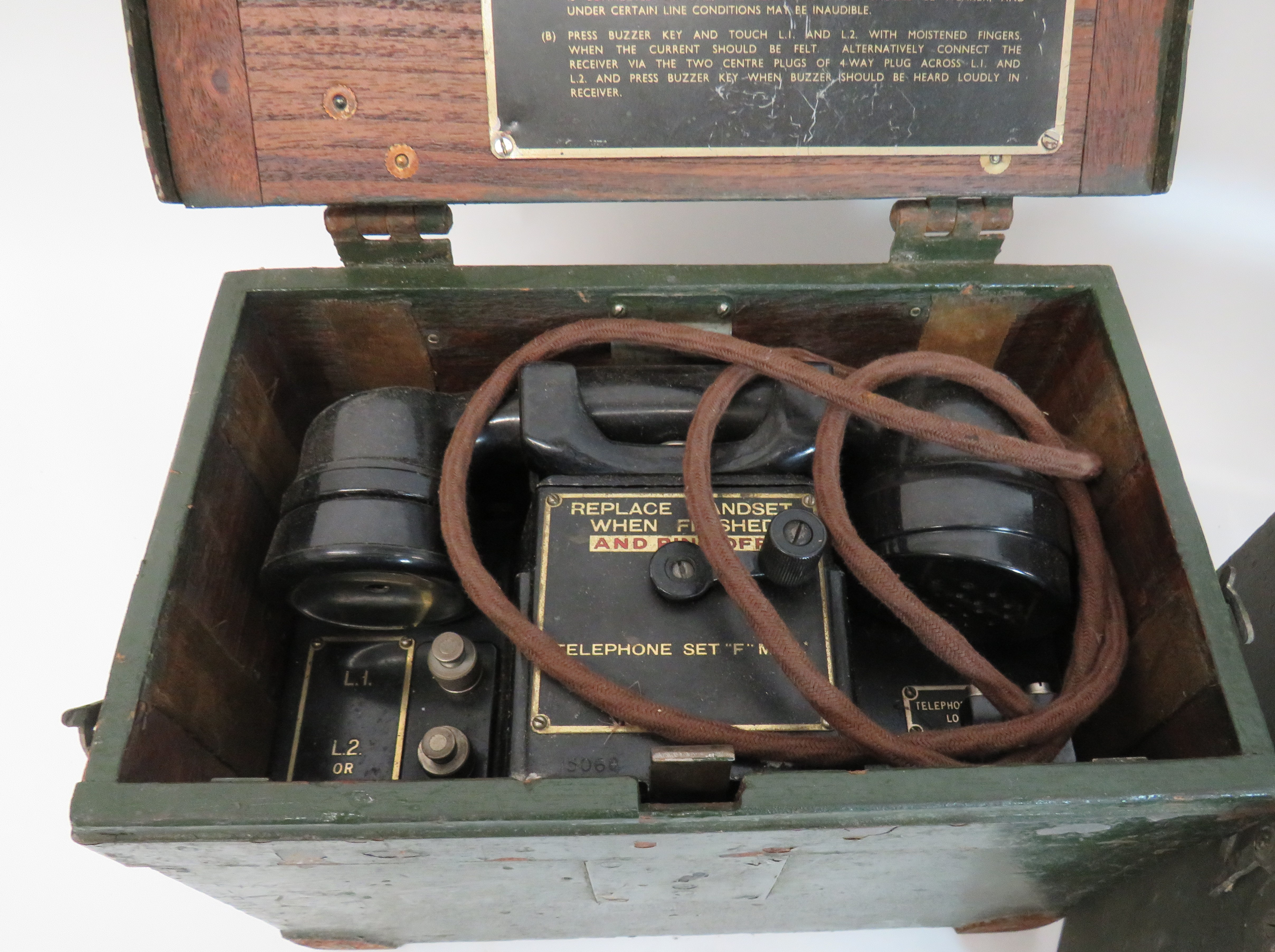 Two WW2 British Field Telephones green painted, rectangular wooden boxes with reinforced steel - Image 2 of 3