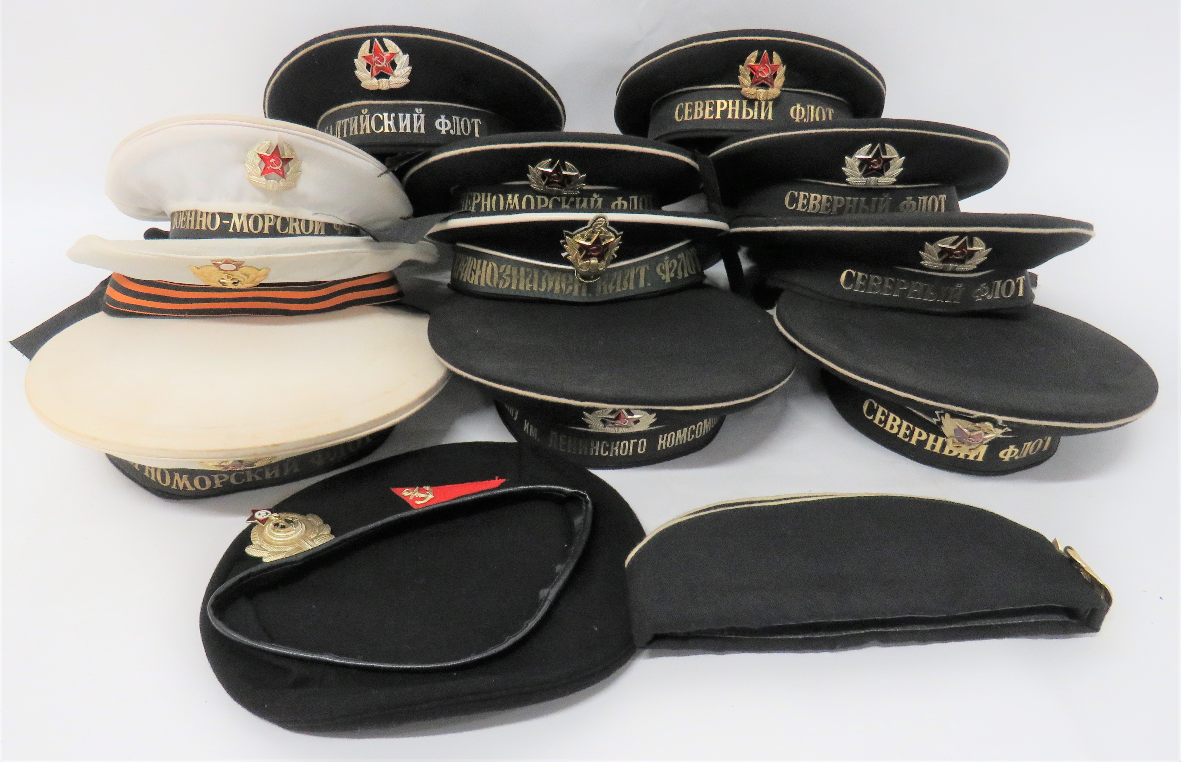 Quantity of Russian Navy Sailors' Hats including 8 x black body and crown examples.  Anodised Navy