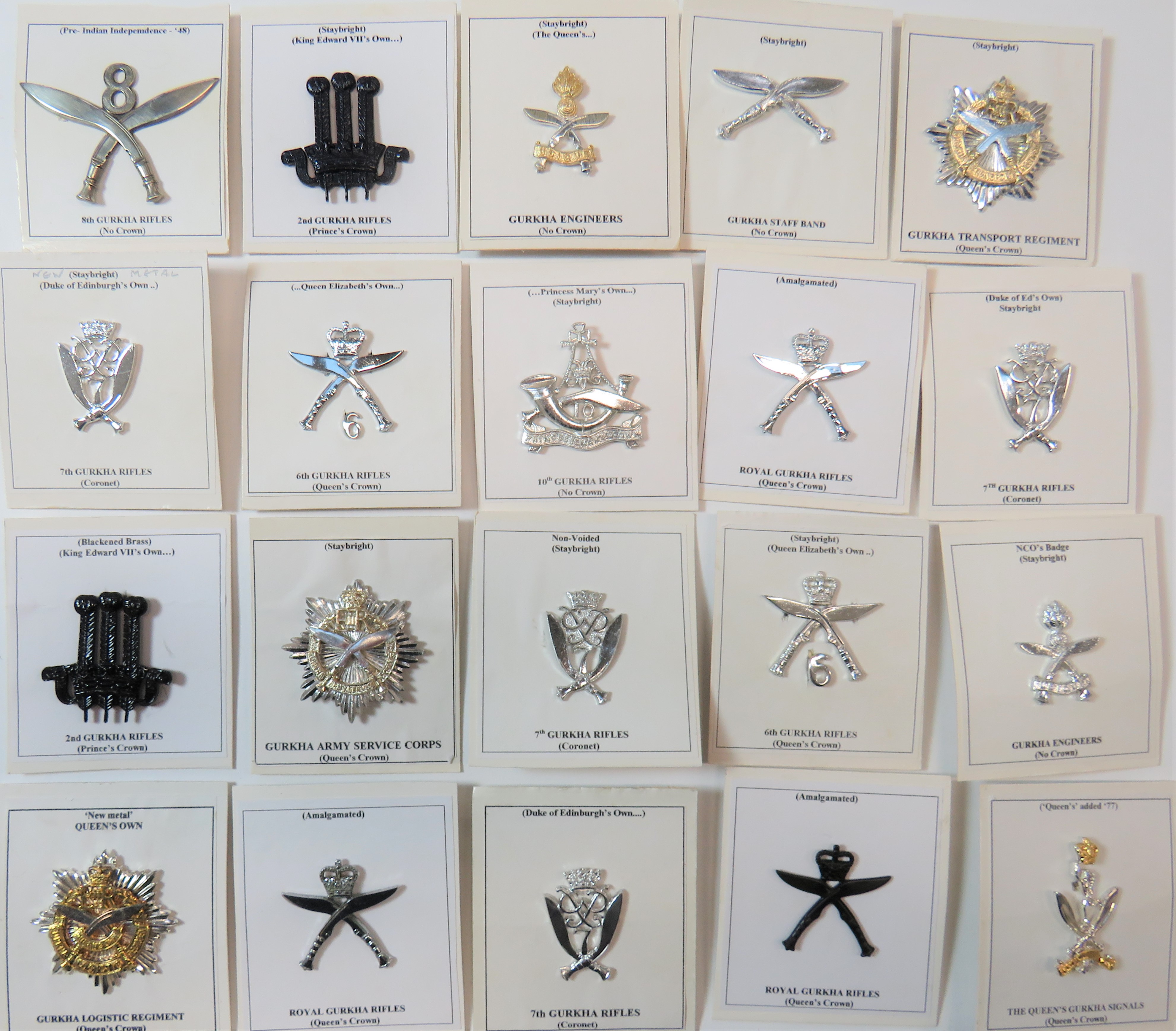 Post 1953 Gurkha Cap Badges including blackened 2nd GR ... Plated QC 6th GR ... Plated 7th GR ...