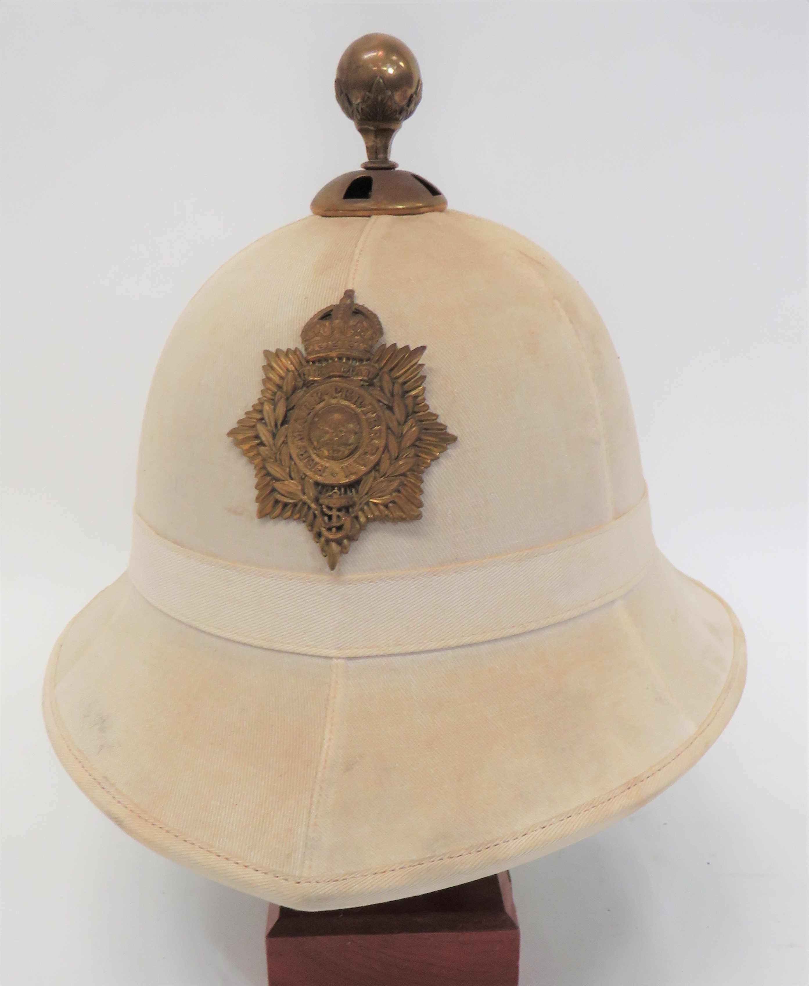 Pre 1952 Royal Marines Dress Helmet white, six panel, cotton, high crown.  Pointed peak and square