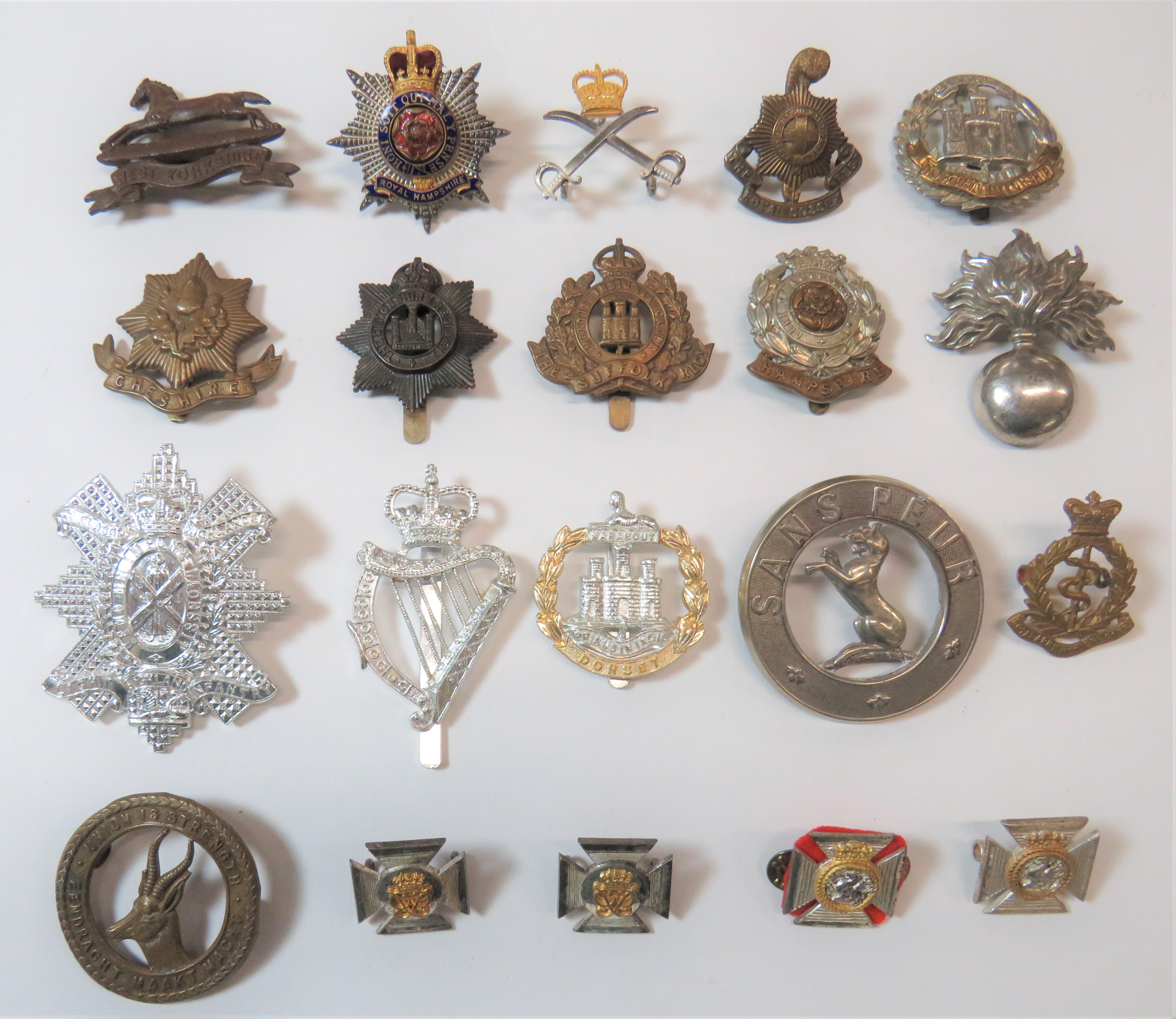 Infantry Cap Badges Including Officer including bronzed West Yorkshire (lugs) ... Silvered, gilt and
