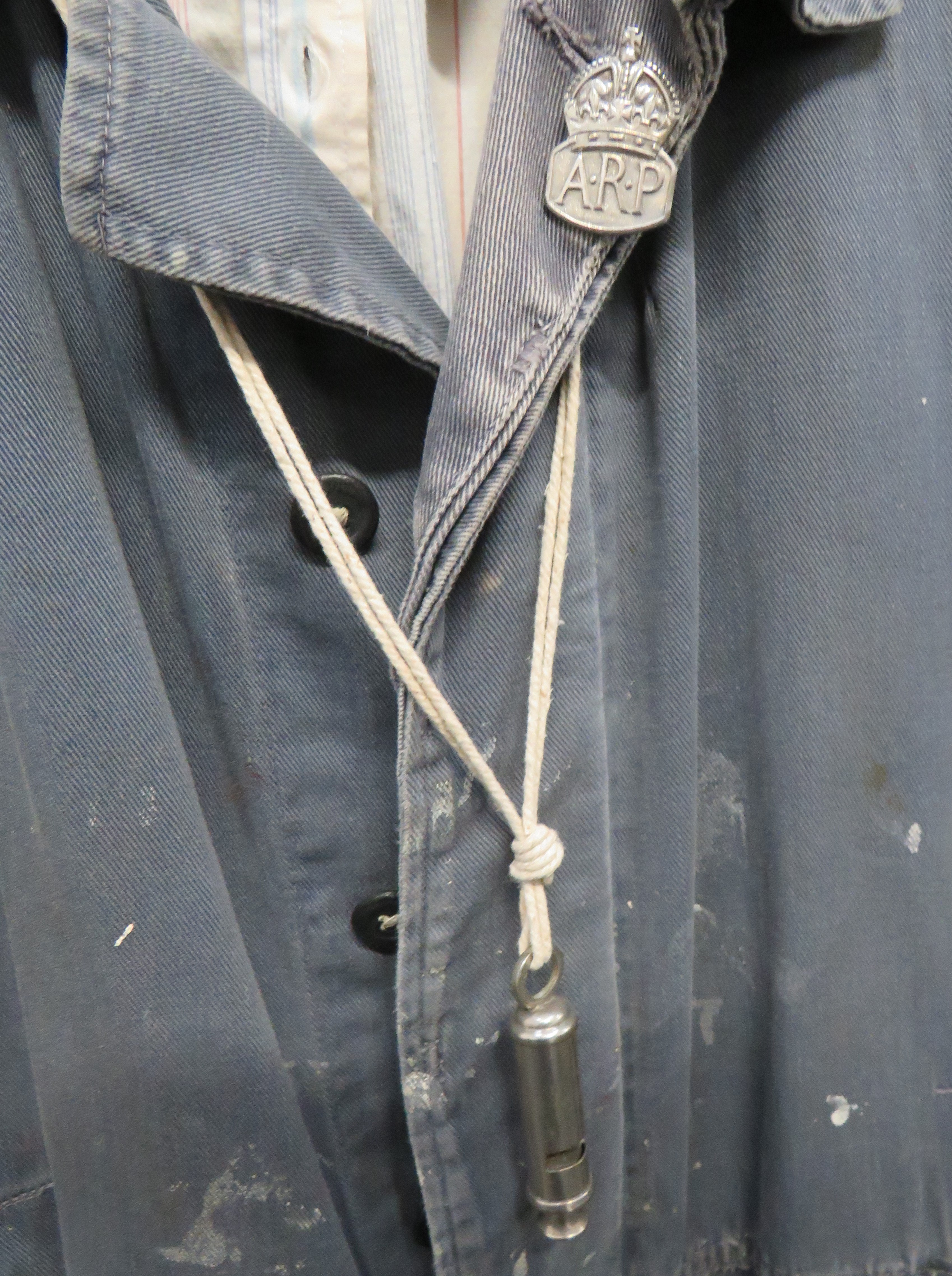 WW2 ARP Pattern Boiler Suit blue grey denim, full suit.  Buttoned front.  Right leg with large patch - Image 2 of 2