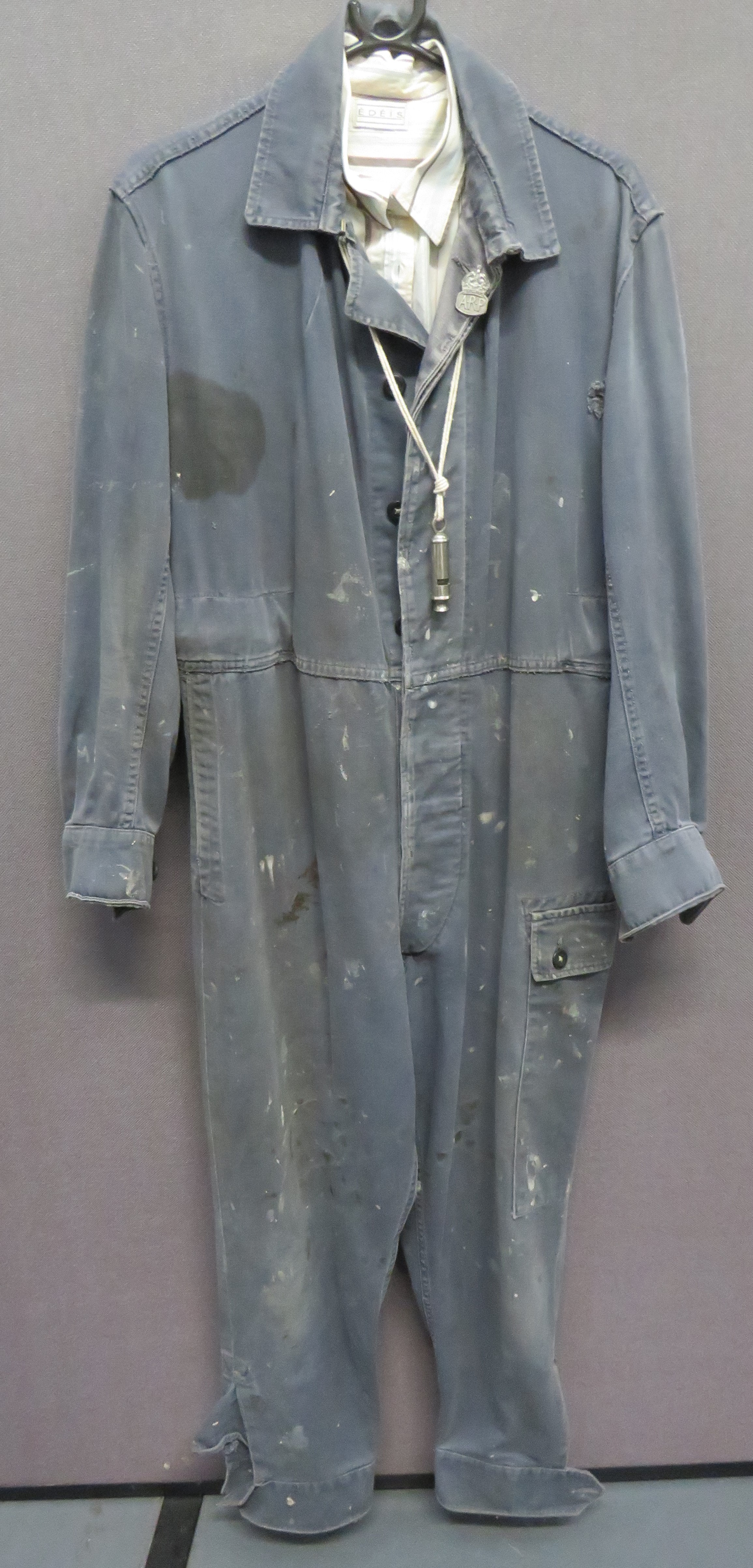 WW2 ARP Pattern Boiler Suit blue grey denim, full suit.  Buttoned front.  Right leg with large patch