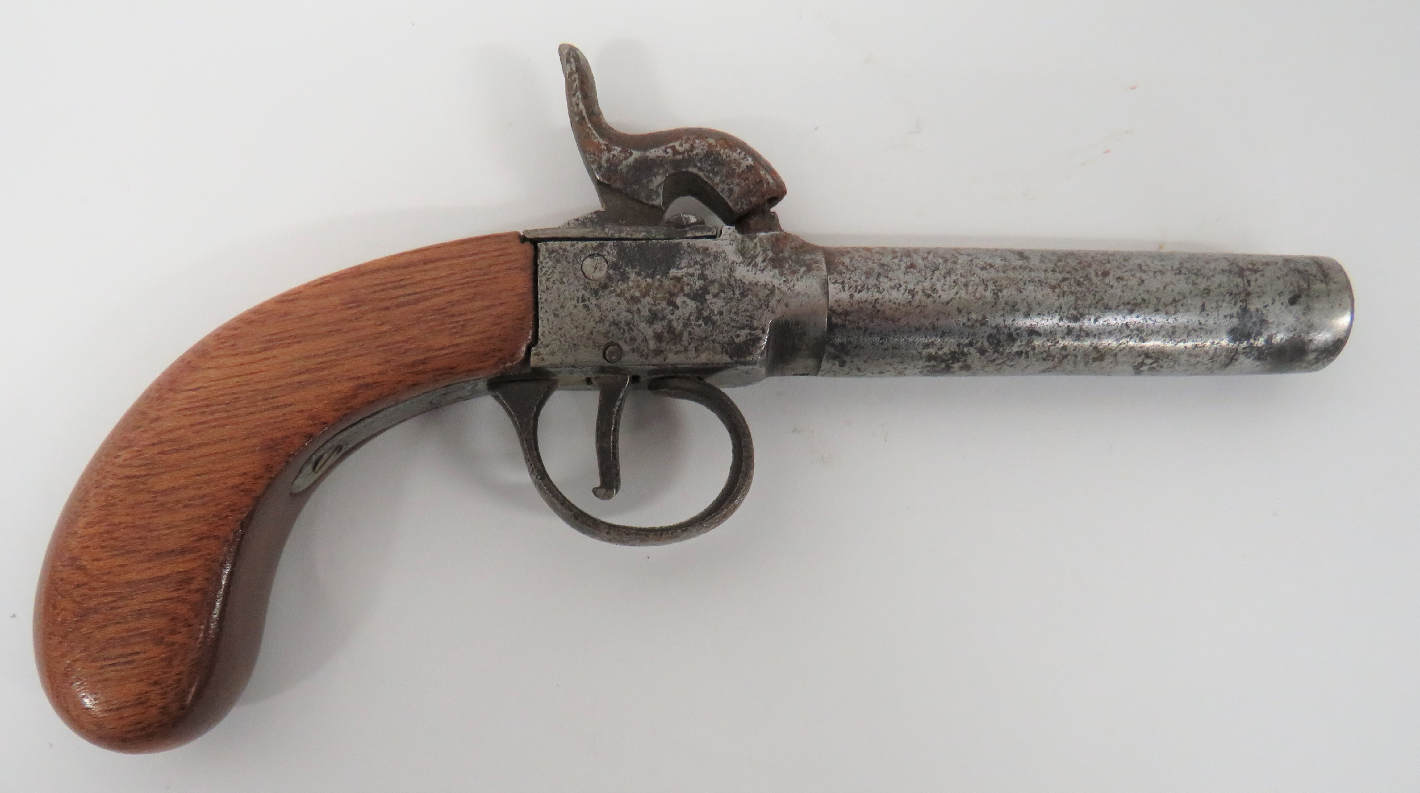 Mid 19th Century Percussion Pocket Pistol 80 bore, 3 inch, turn off barrel.  Flat side, box lock