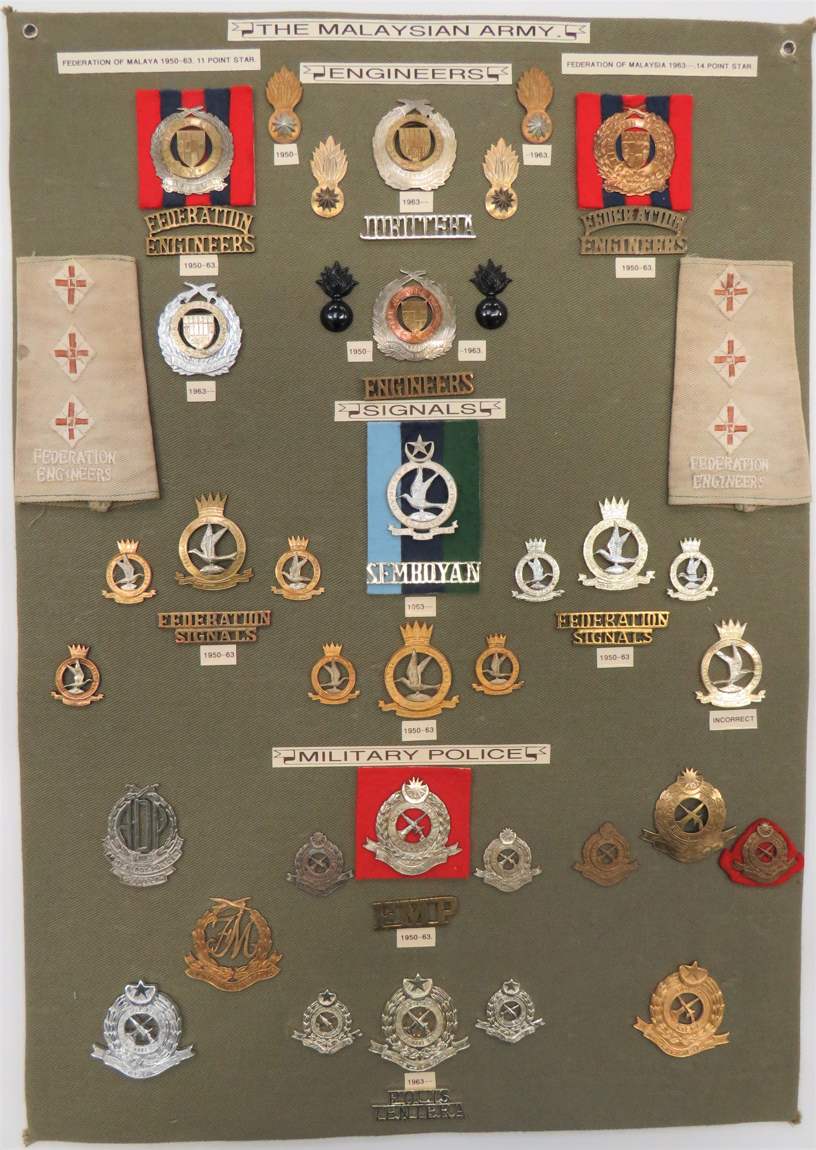 Malaysian Army - 46 Items Of Insignia display board with good tabulated display of metal badges