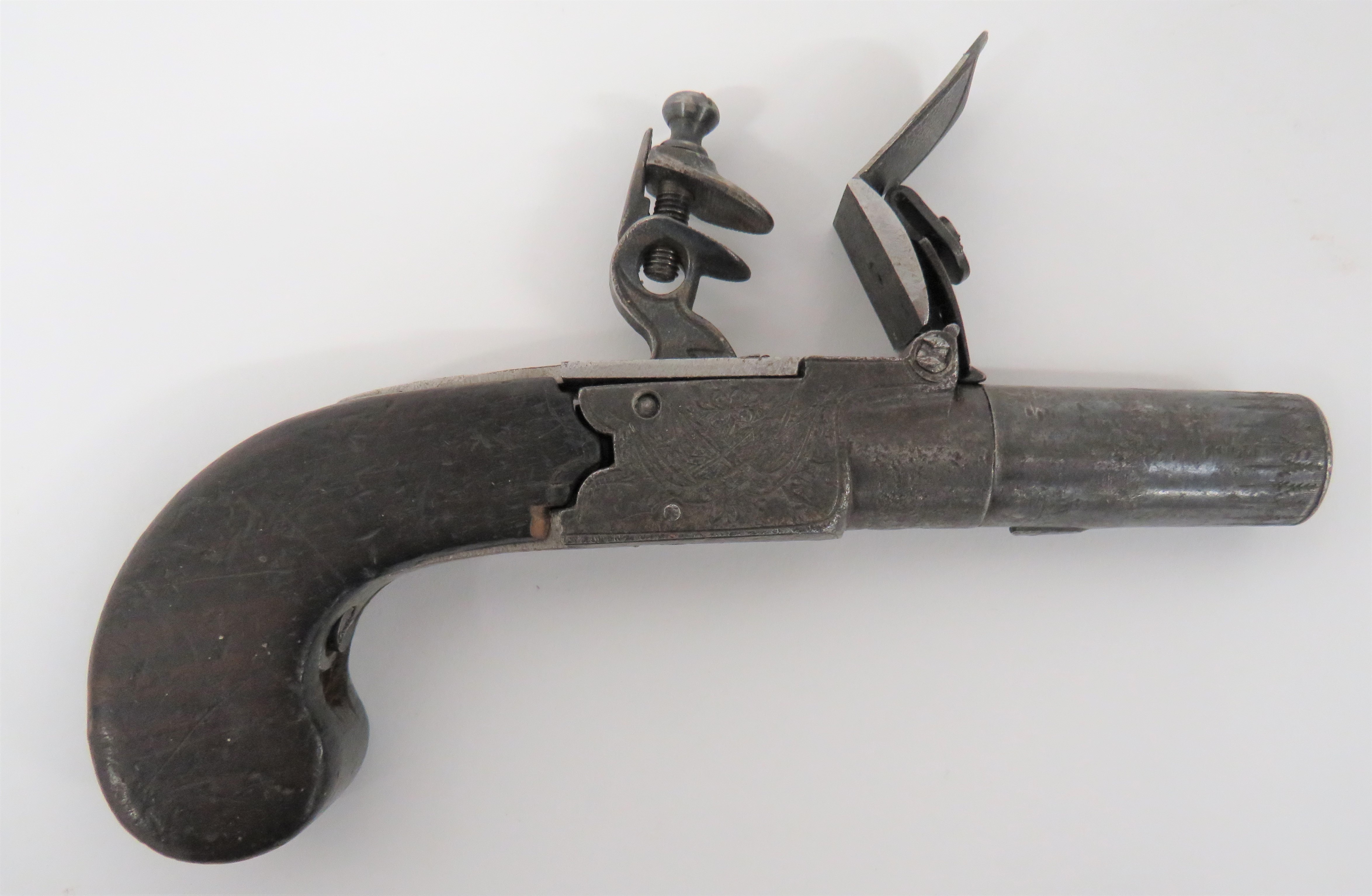 Early 19th Century Flintlock Pocket Pistol  54 bore, 1 3/4 inch, turn off barrel.  Flat side, box