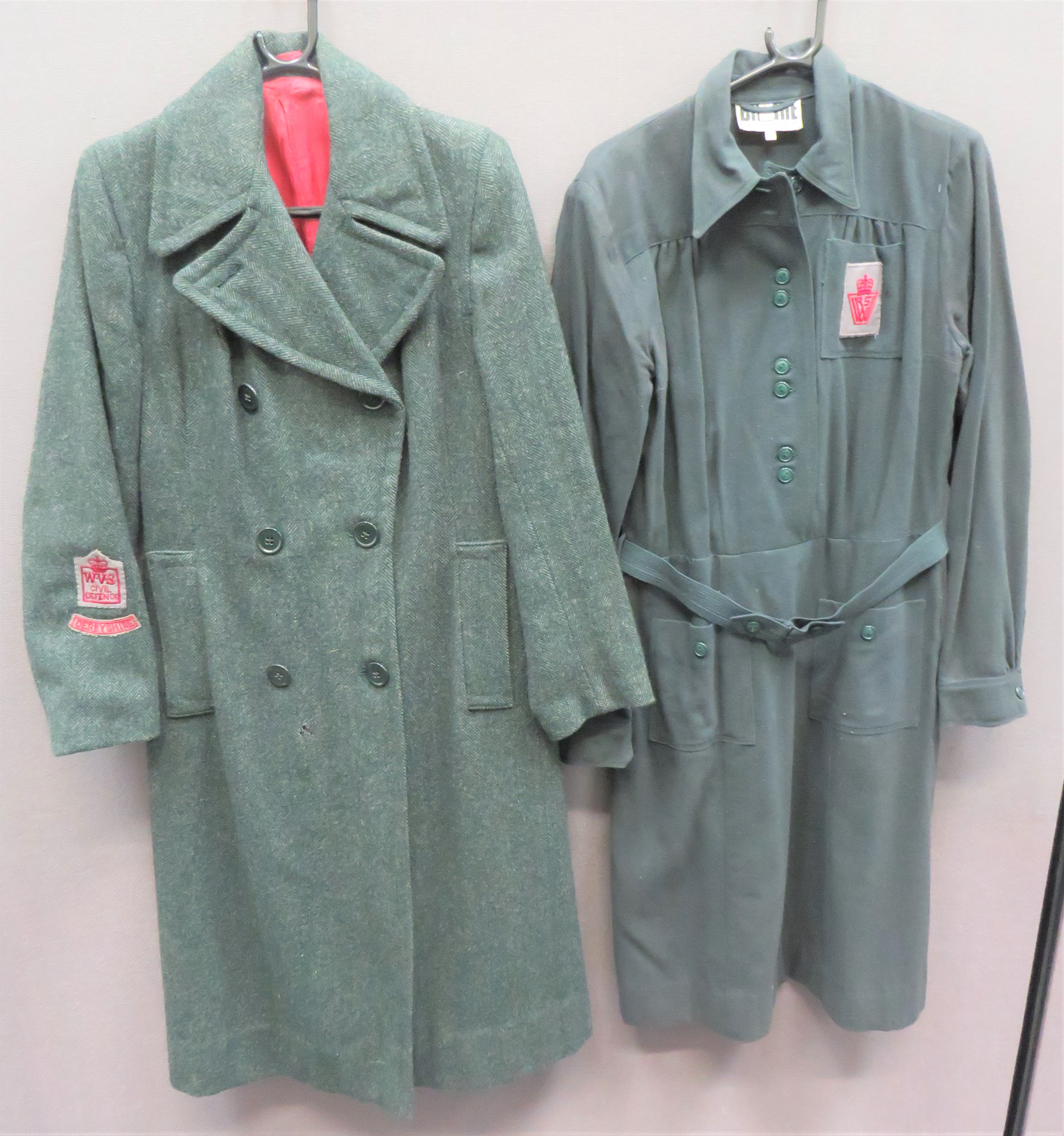 Post 1952 WVS Derbyshire Dress And Overcoat green woollen dress.  Half buttoned front.  Open top