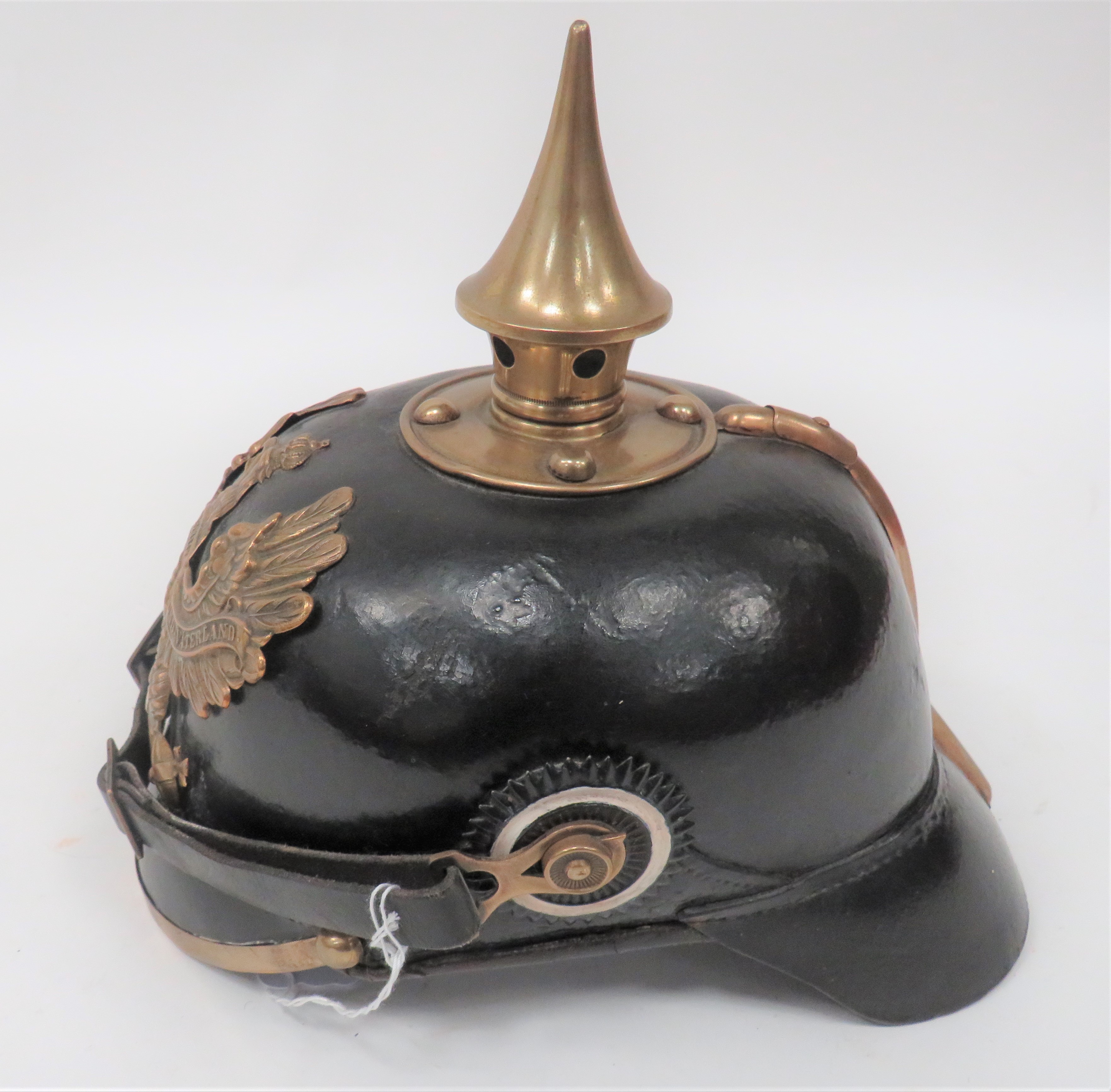 Imperial German Prussian Infantry Pickelhaube  black leather crown.  Attached front peak with - Image 6 of 8