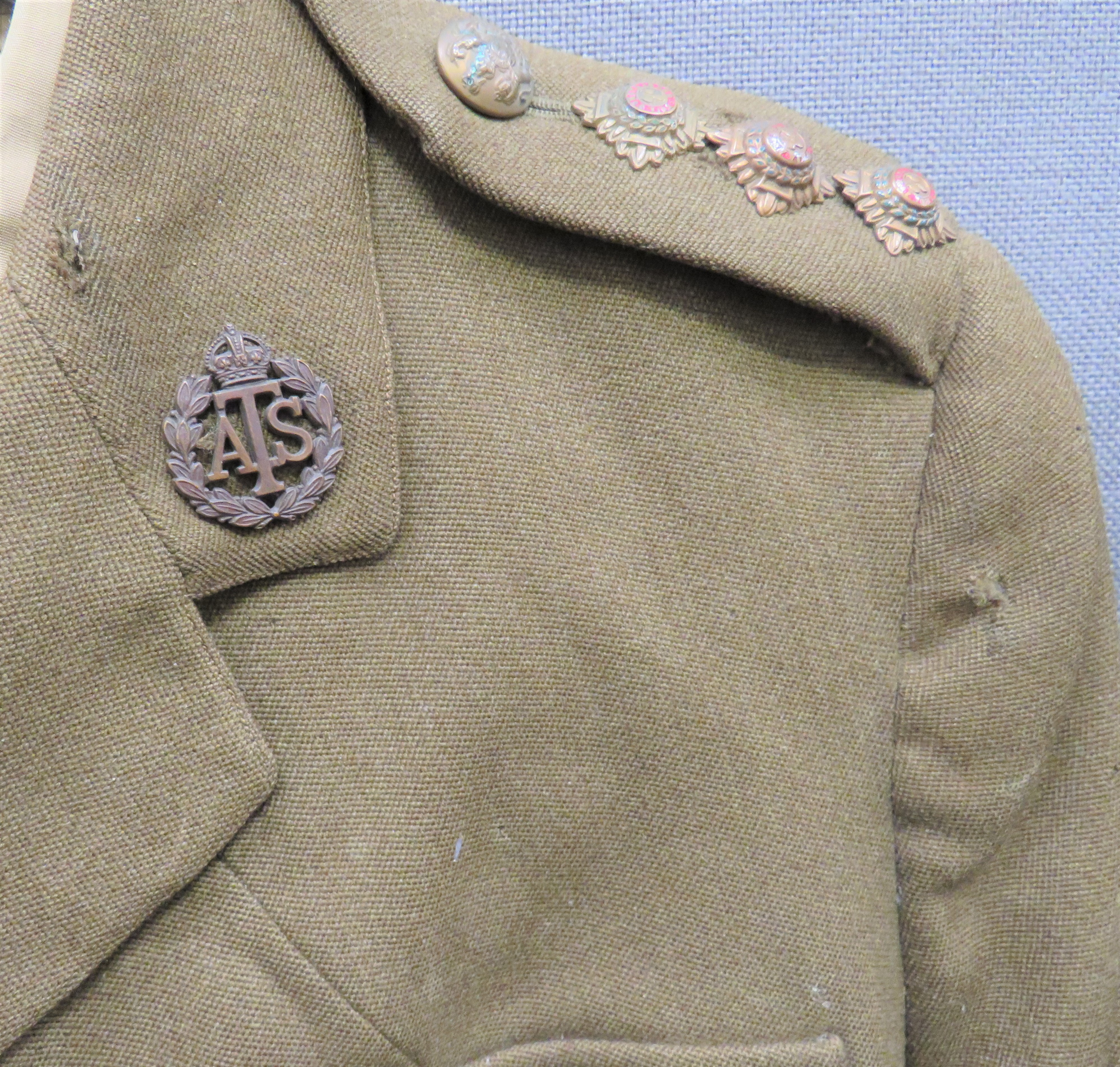 WW2 ATS Officer's Service Dress Uniform khaki, single breasted, open collar tunic.  Patch chest - Image 2 of 2