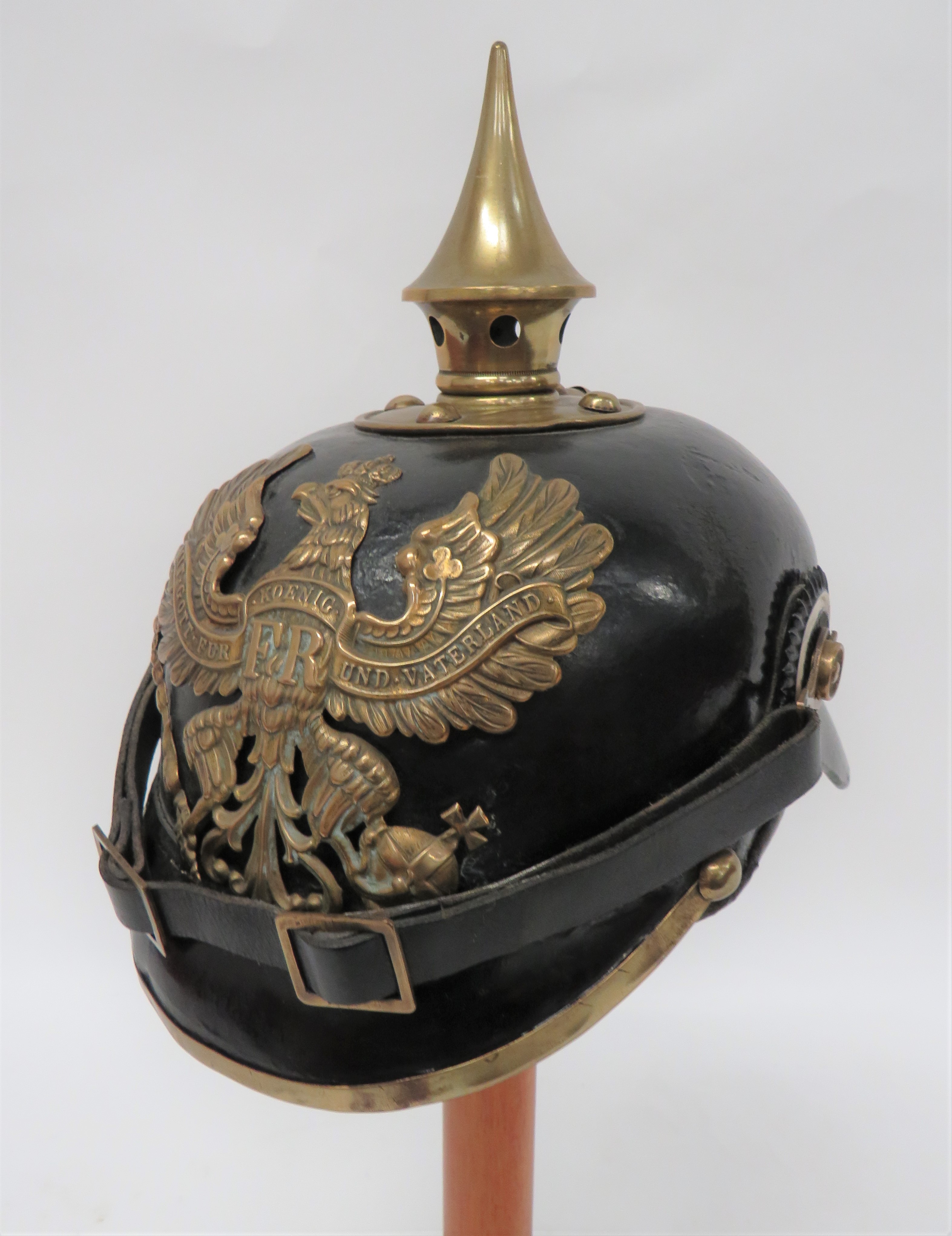 Imperial German Prussian Infantry Pickelhaube  black leather crown.  Attached front peak with