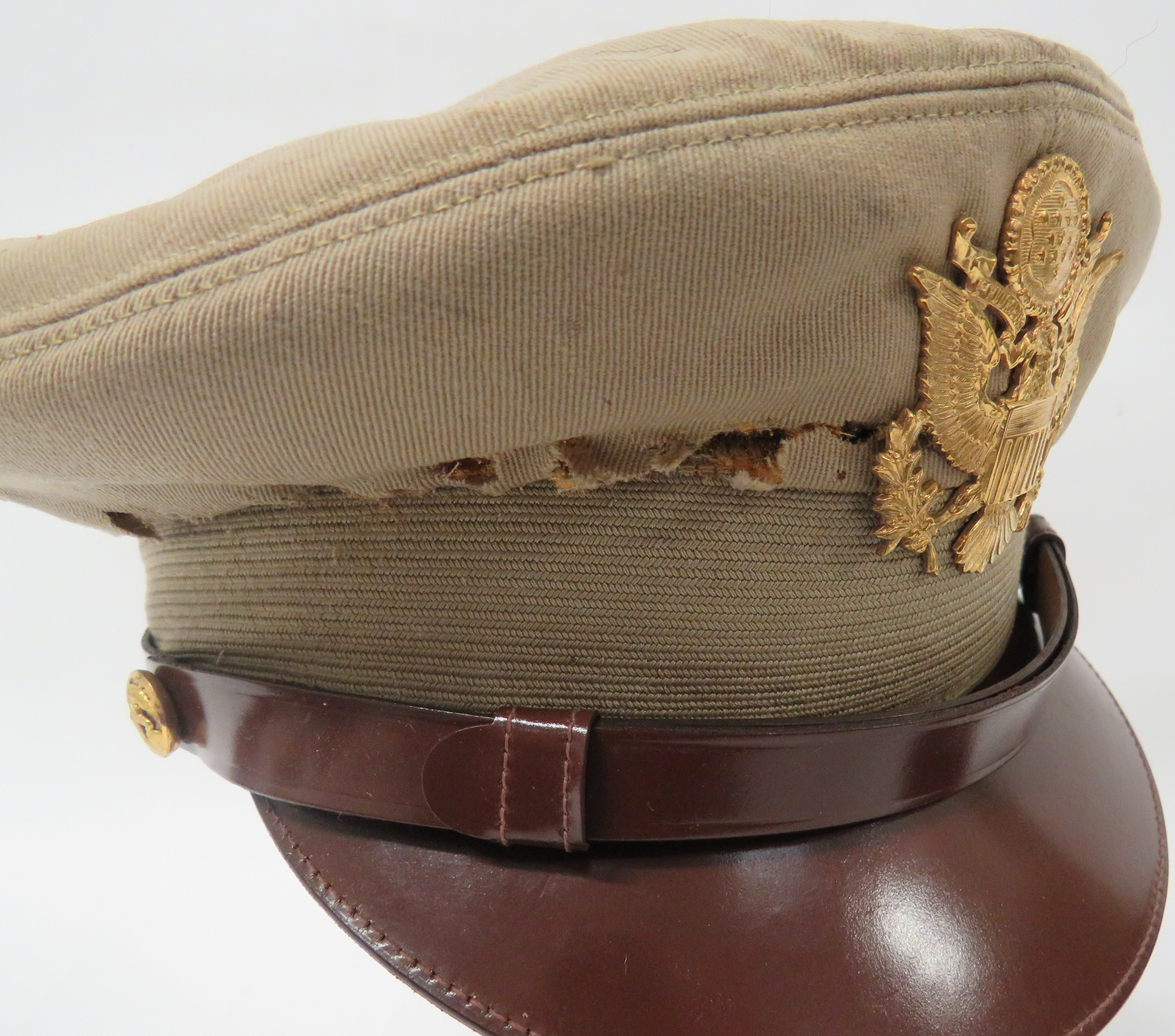 Two American Caps consisting USMC khaki service dress cap.  Brown leatherette peak.  Brown leather - Image 2 of 2