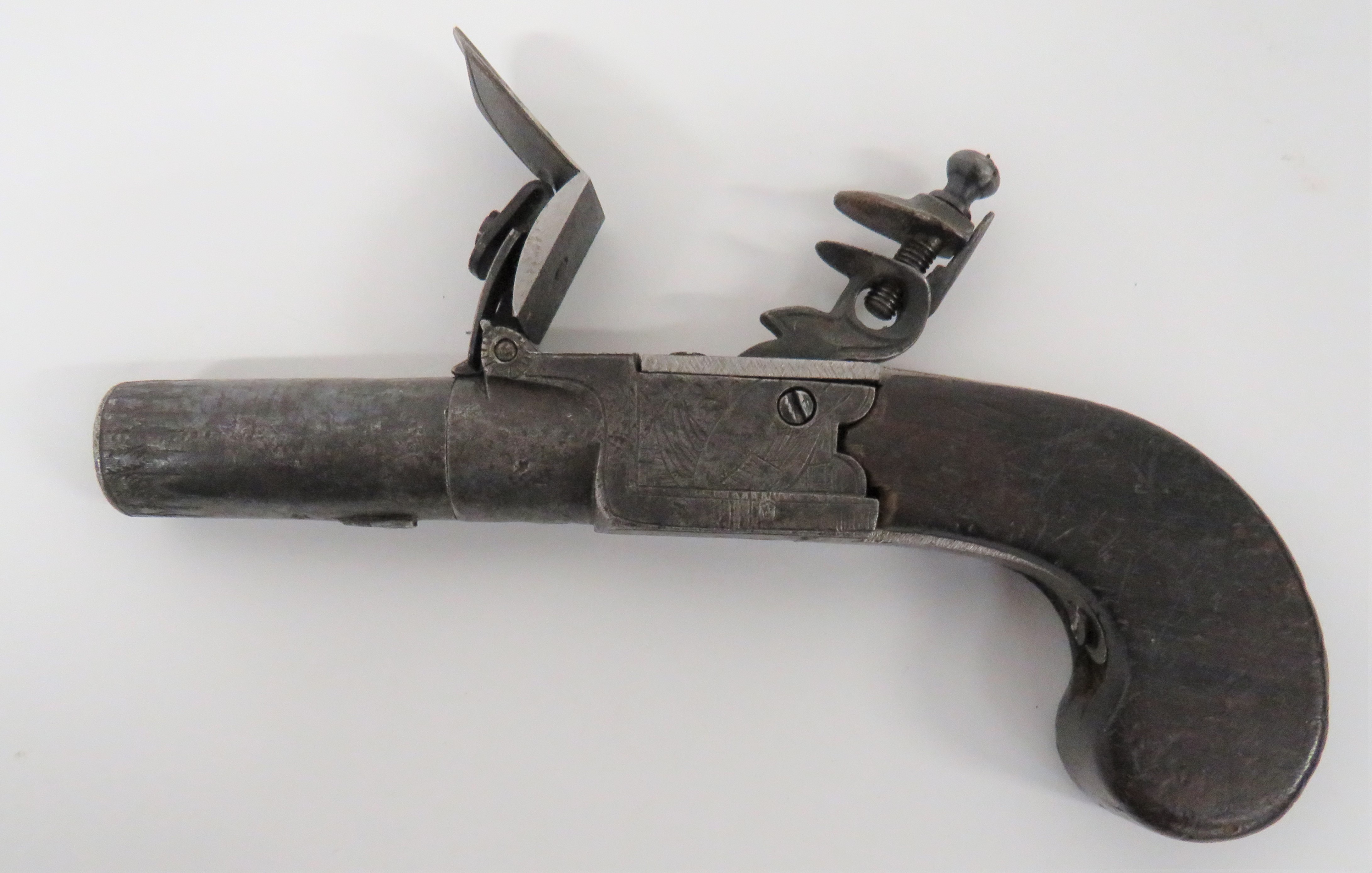 Early 19th Century Flintlock Pocket Pistol  54 bore, 1 3/4 inch, turn off barrel.  Flat side, box - Image 2 of 2