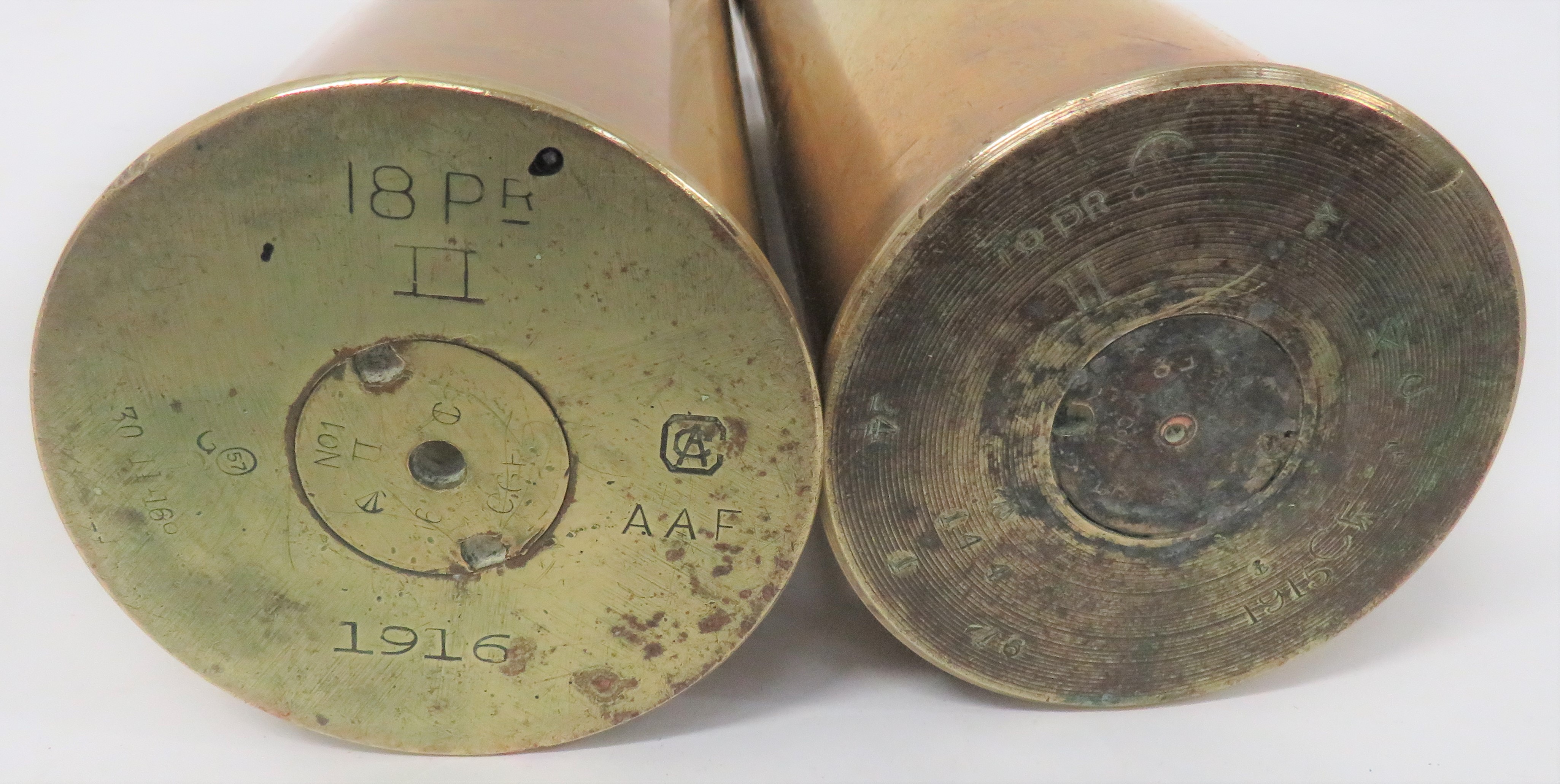 Two WW1 Dated Inert British 18pr Shells consisting brass case.  The base dated 1915.  Steel head - Image 2 of 2