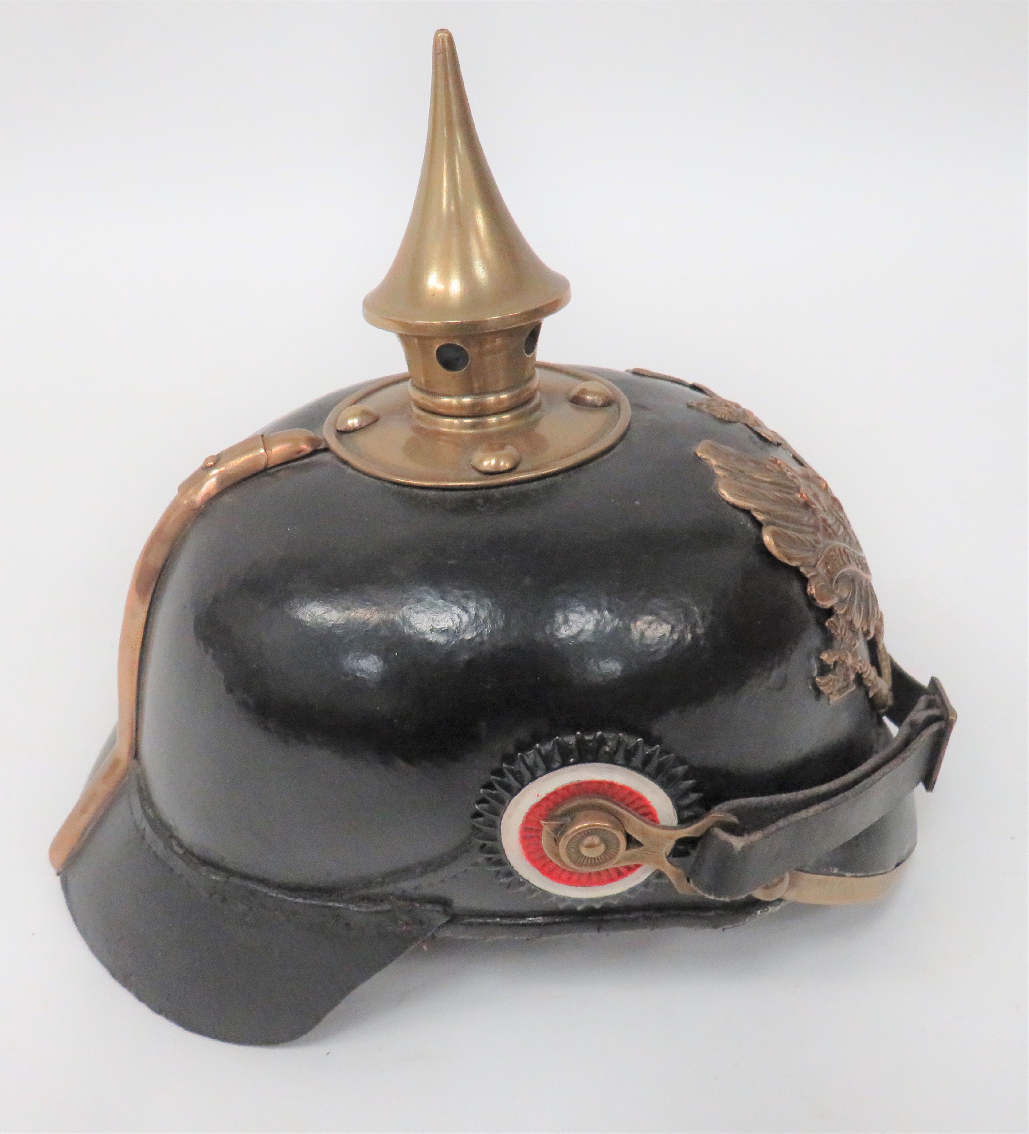 Imperial German Prussian Infantry Pickelhaube  black leather crown.  Attached front peak with - Image 4 of 8