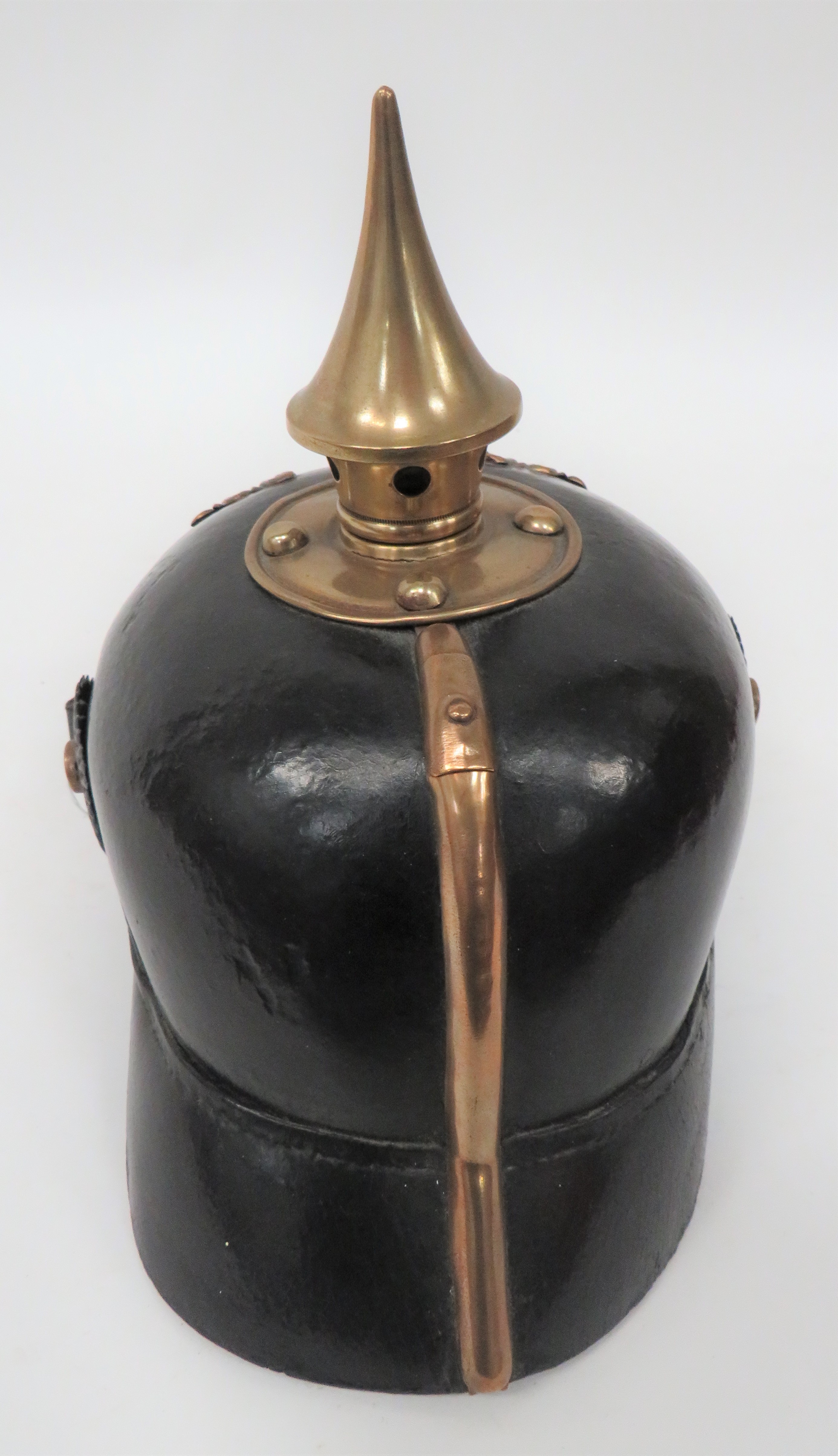 Imperial German Prussian Infantry Pickelhaube  black leather crown.  Attached front peak with - Image 5 of 8