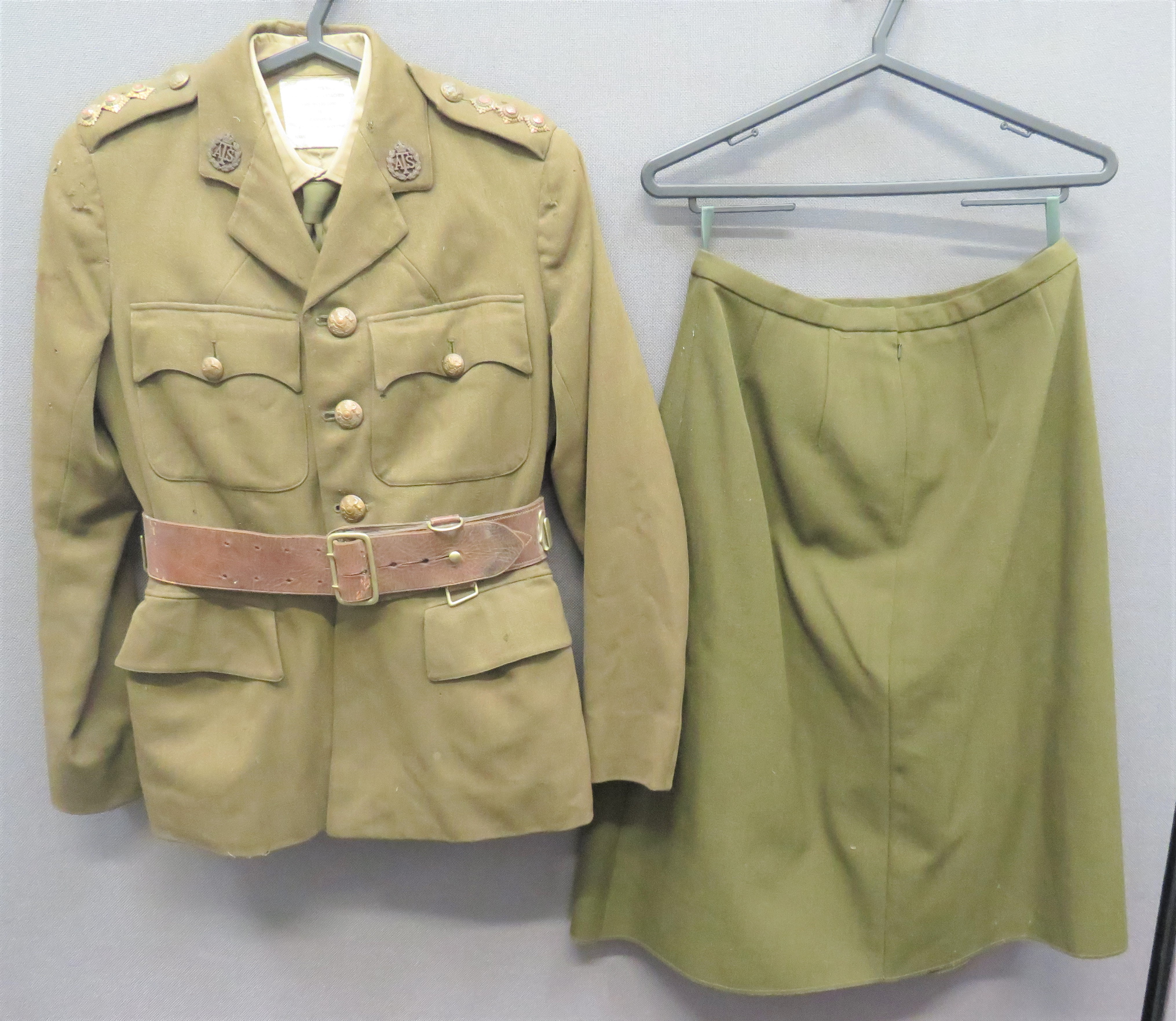 WW2 ATS Officer's Service Dress Uniform khaki, single breasted, open collar tunic.  Patch chest