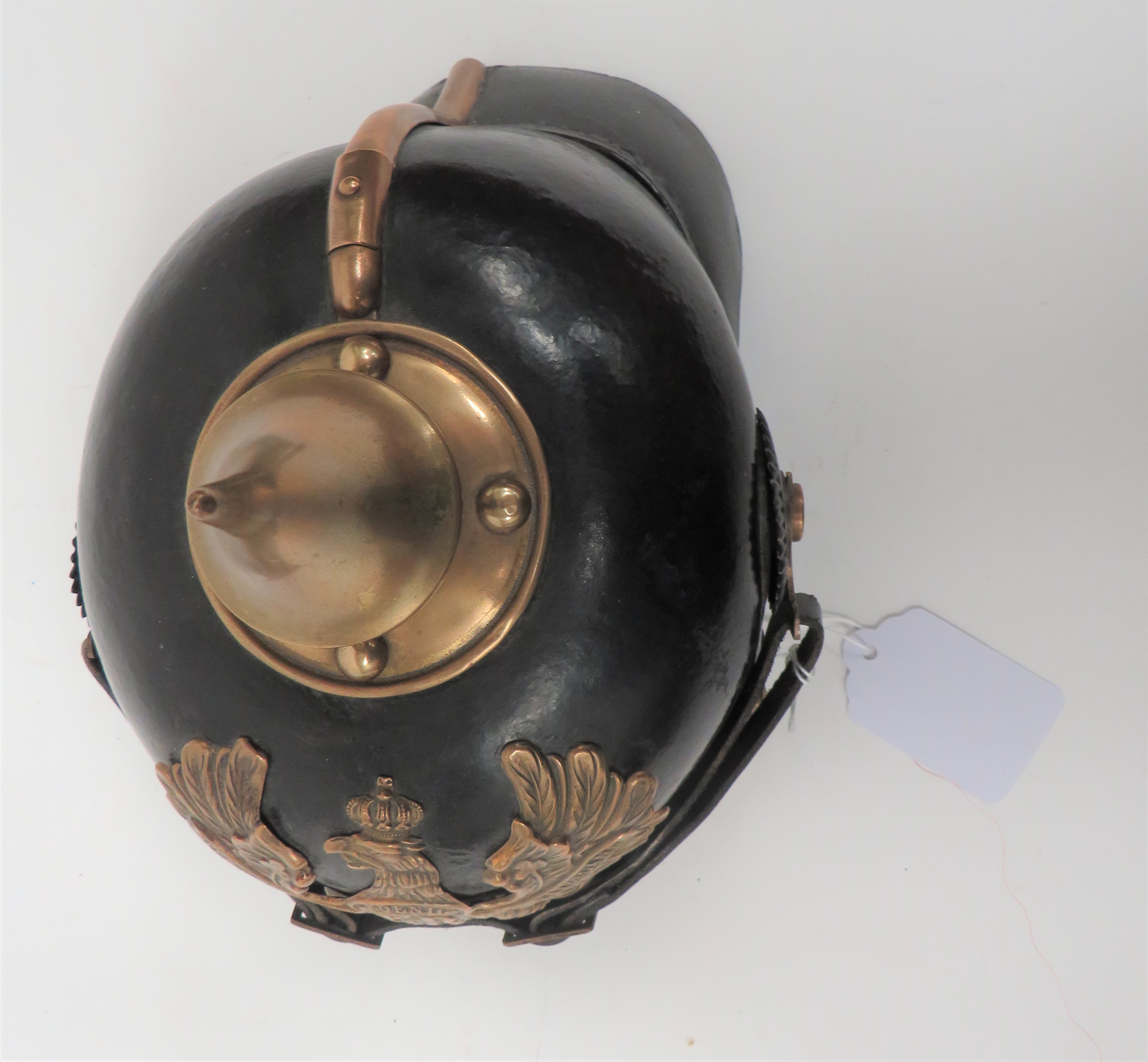 Imperial German Prussian Infantry Pickelhaube  black leather crown.  Attached front peak with - Image 7 of 8