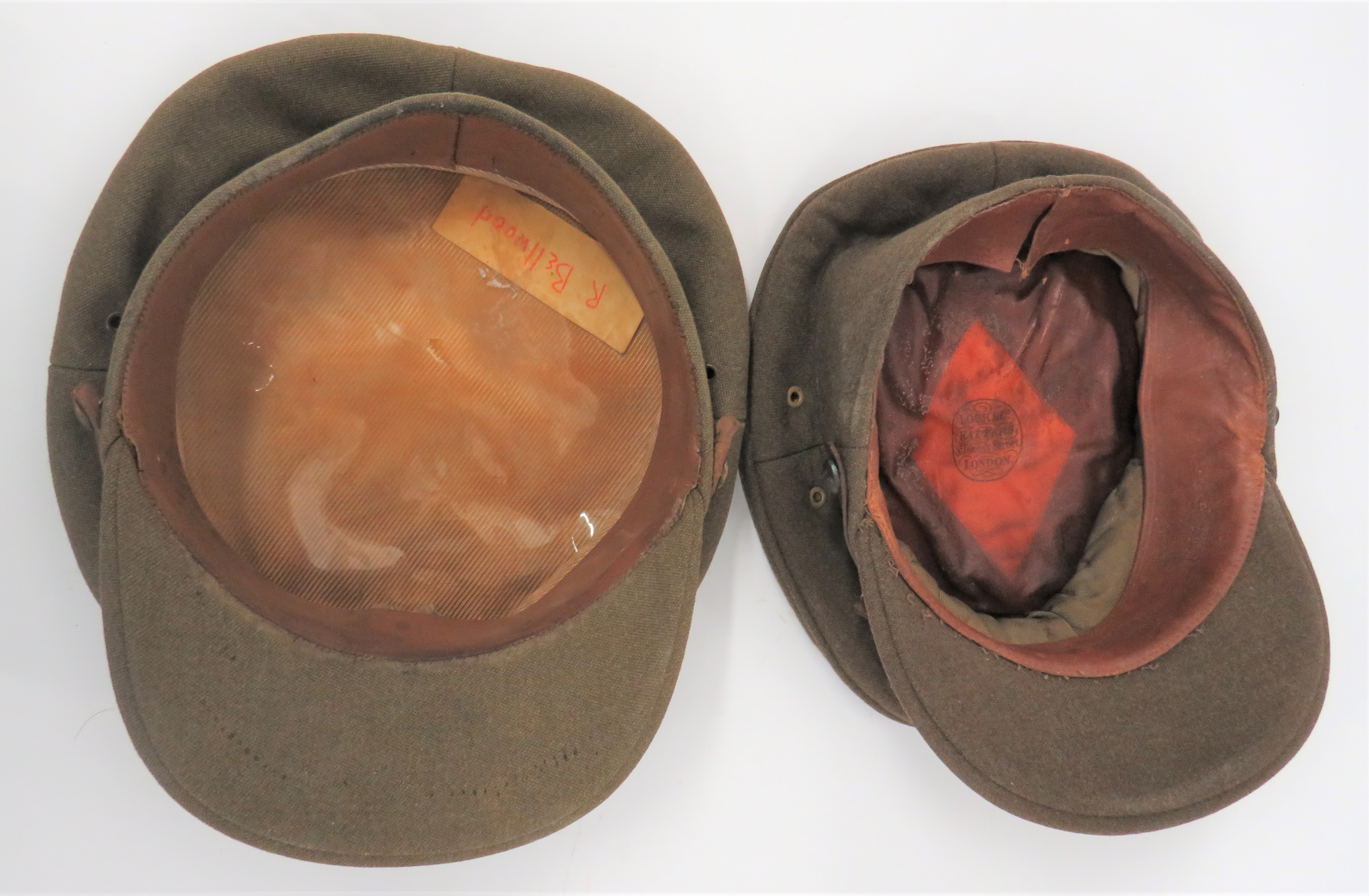 Two WW2 Officer Service Dress Caps consisting khaki crown, body and stiff covered peak.  Brown - Image 2 of 2