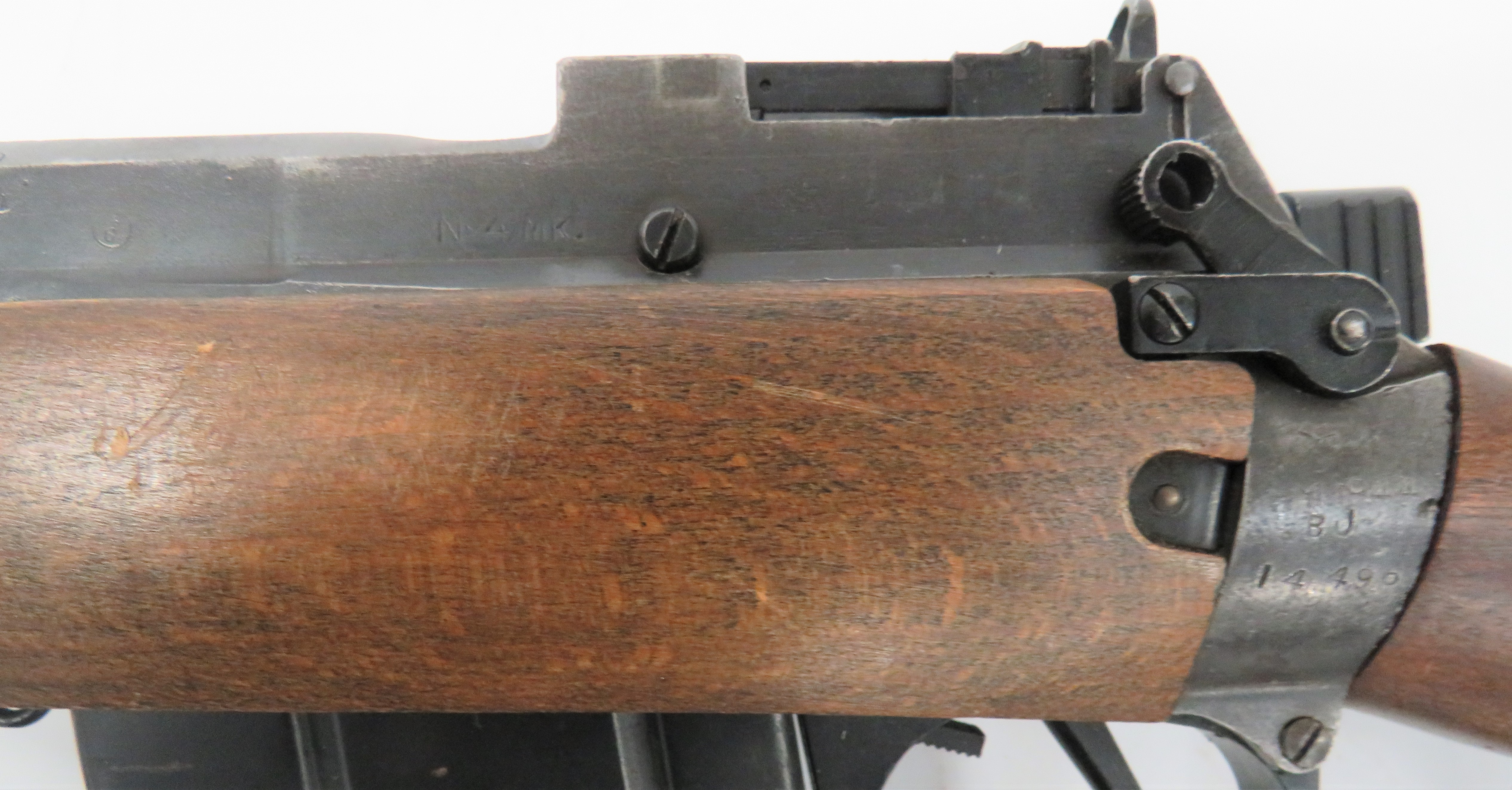 Deactivated Enfield No 4 Rifle .303, 25 inch barrel.  Front sight with protective ears.  Blackened - Image 3 of 3