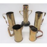 Five Various Trench Art Shell Cases consisting brass case with side handles.  Front with overlaid RA