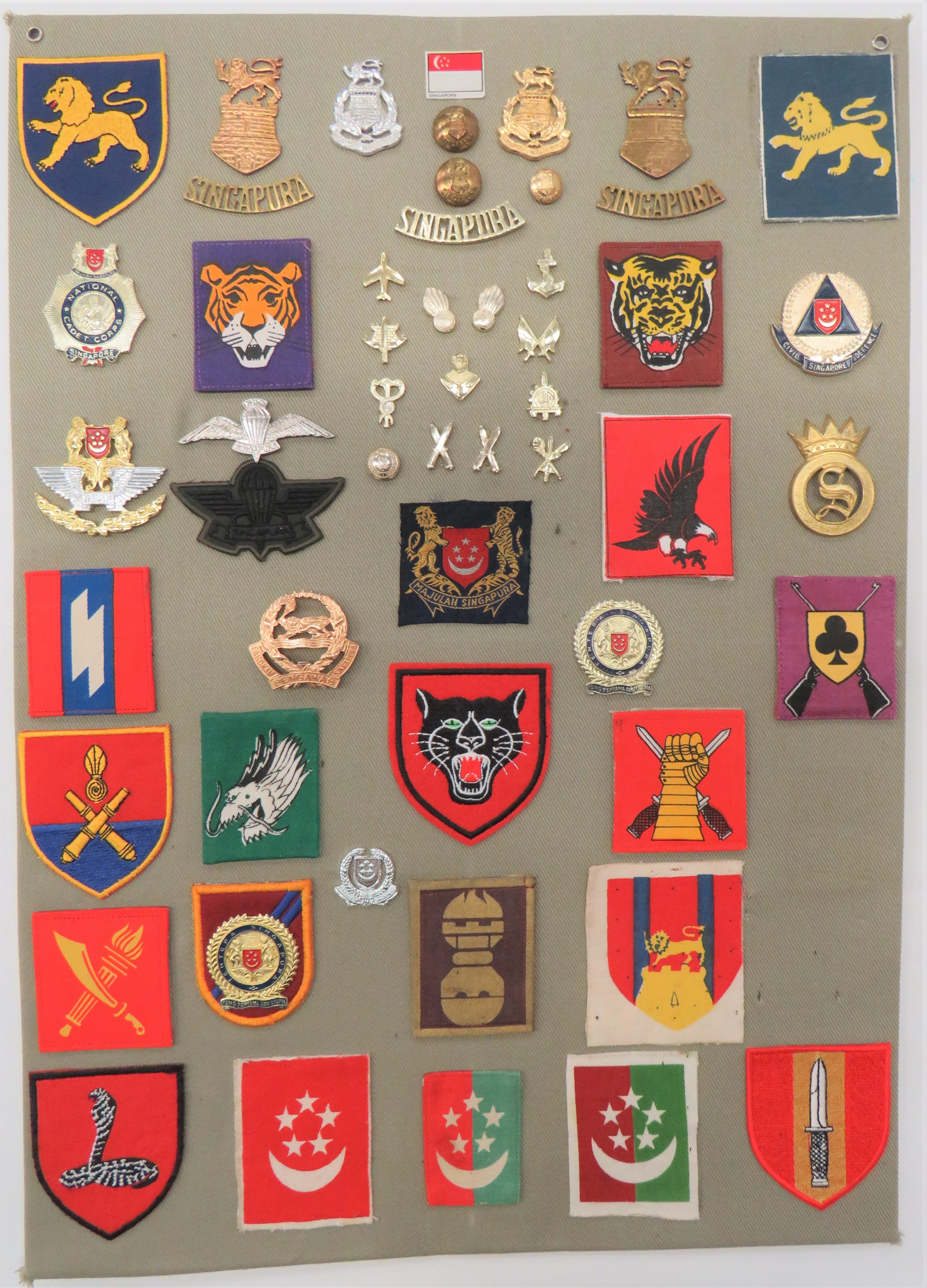 49 Items Of Insignia For Singapore Armed Forces display board with good tabulated display of metal