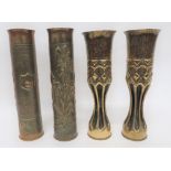 Two Pairs Of Trench Art Shell Cases consisting pair of fluted body examples with geometric bands and