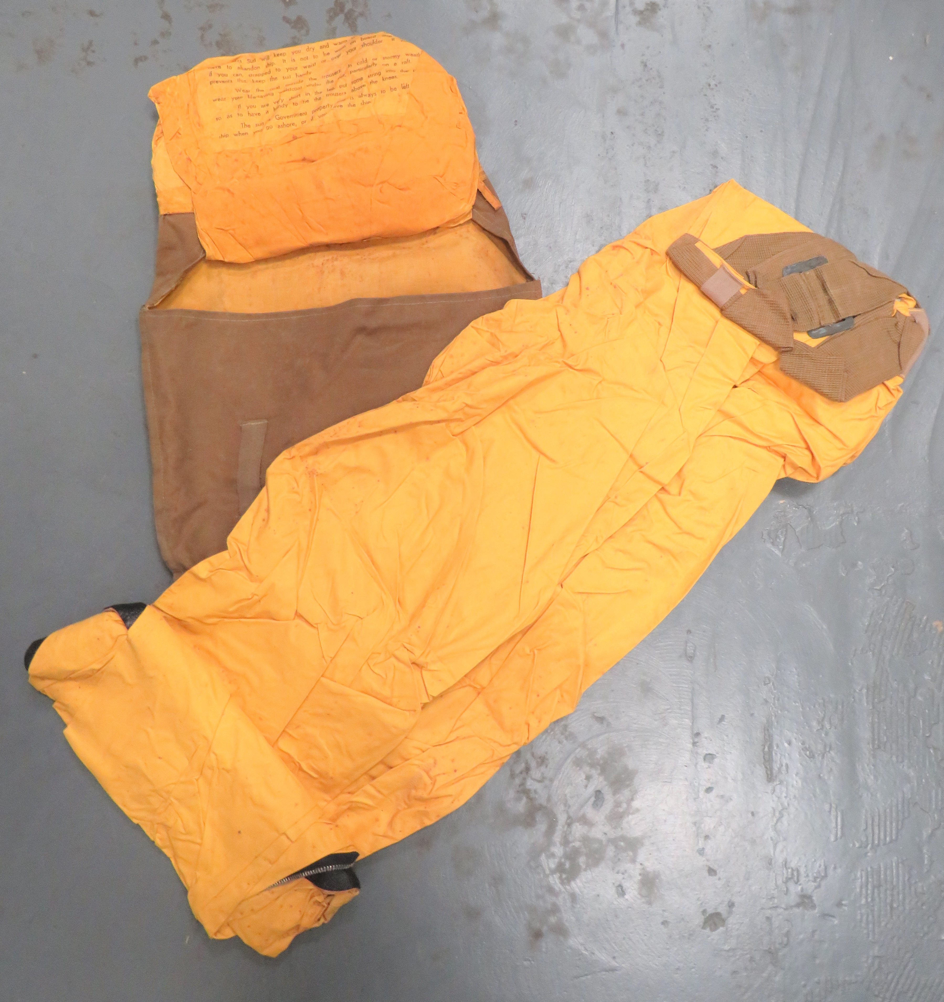 WW2 Dated Naval Yellow Immersion Suit consisting yellow waterproof trousers with built in lower boot